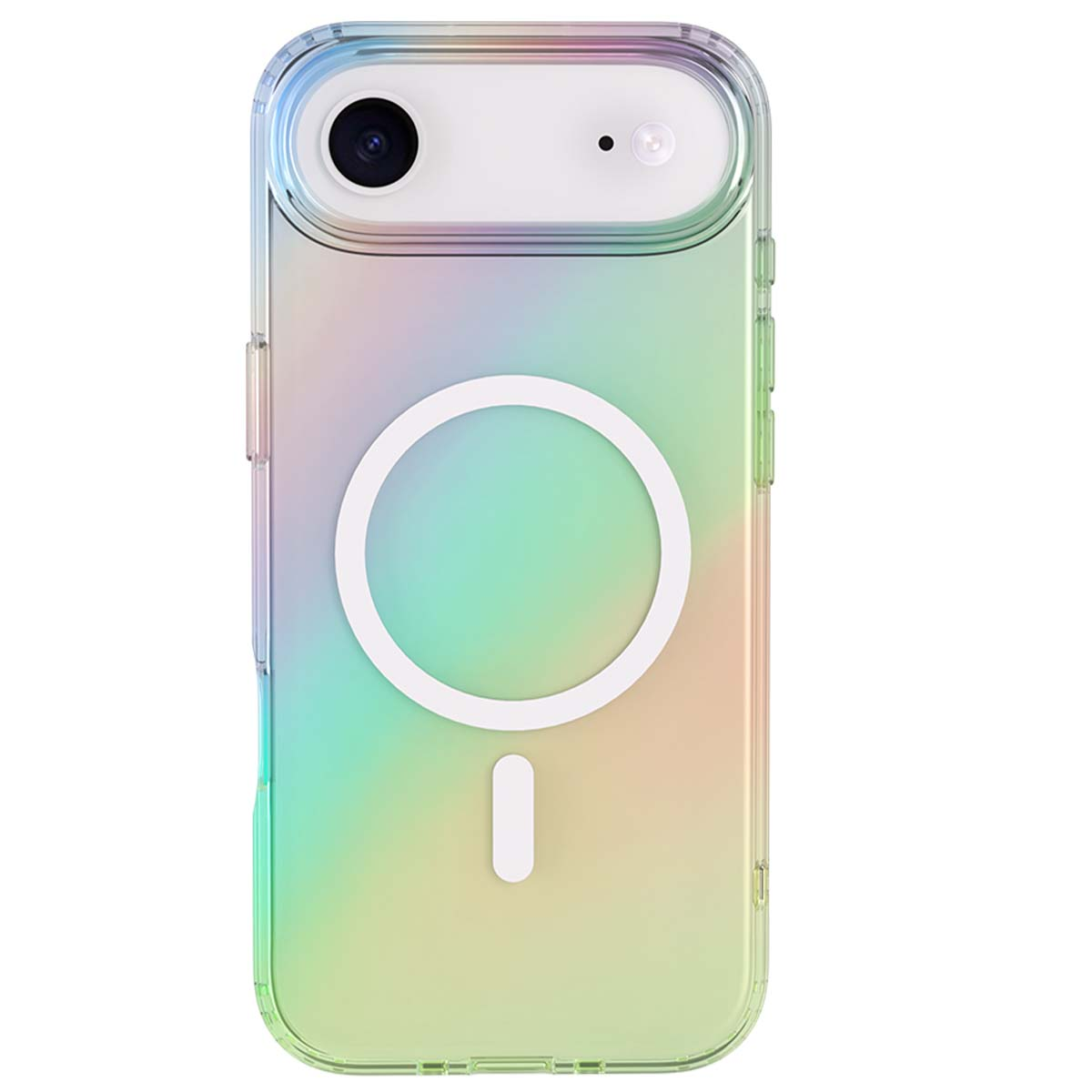 Una custodia trasparente per telefono con sfumatura arcobaleno. Ha un cerchio bianco e un trattino verticale. La fotocamera del telefono è visibile.