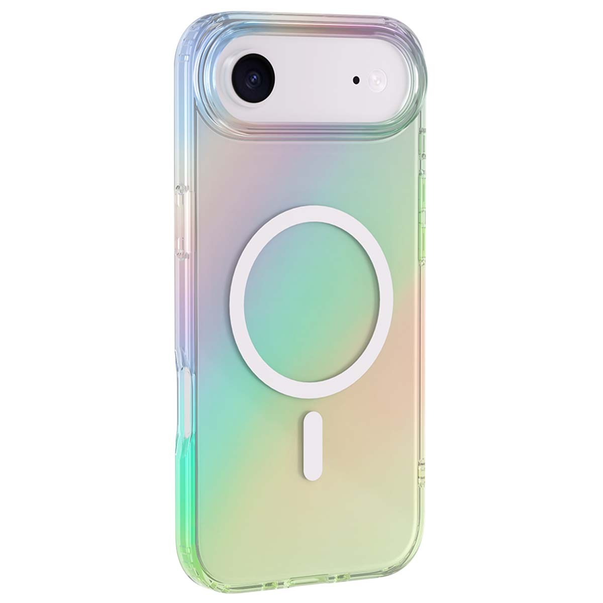 Una custodia trasparente per iPhone con sfumatura arcobaleno. Ha un anello MagSafe bianco e una piccola barra bianca.