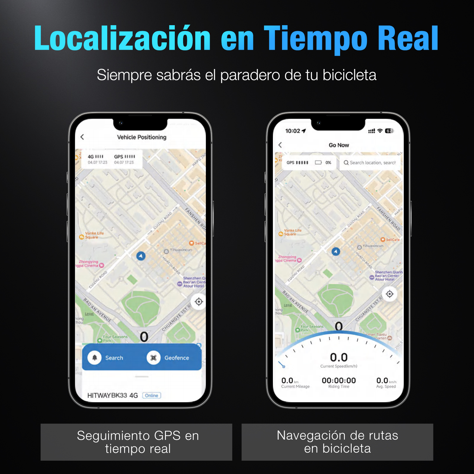 Dos teléfonos muestran mapas con seguimiento de ubicación. Uno muestra 'Vehicle Positioning', el otro navegación de rutas en bicicleta.