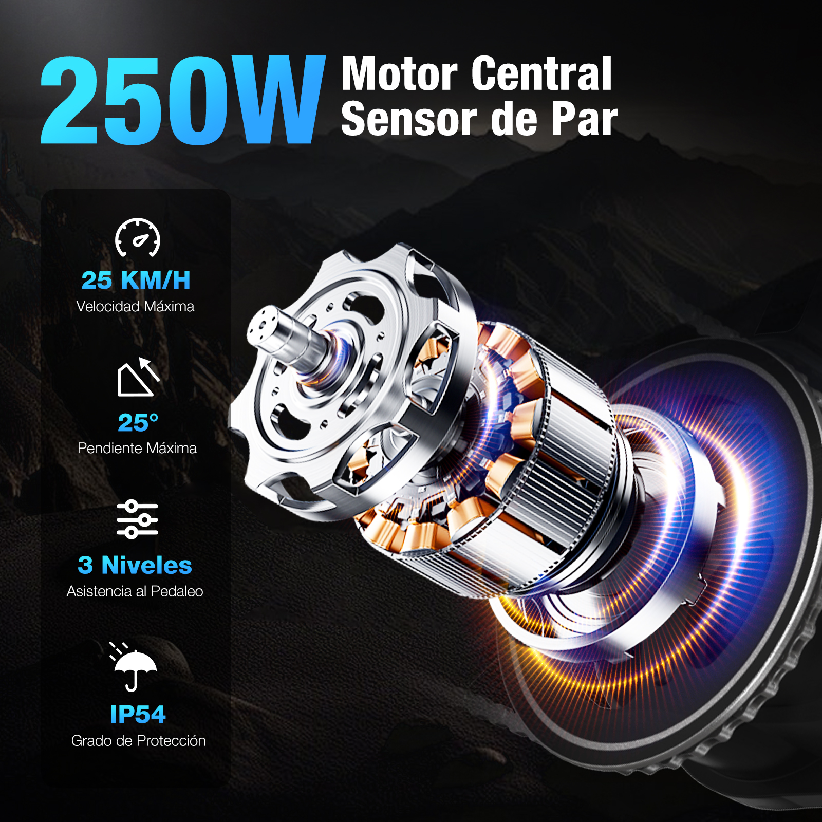 La imagen muestra un motor de bicicleta con especificaciones: 250W, 25 KM/H velocidad máxima, 25° pendiente máxima, 3 niveles y IP54.
