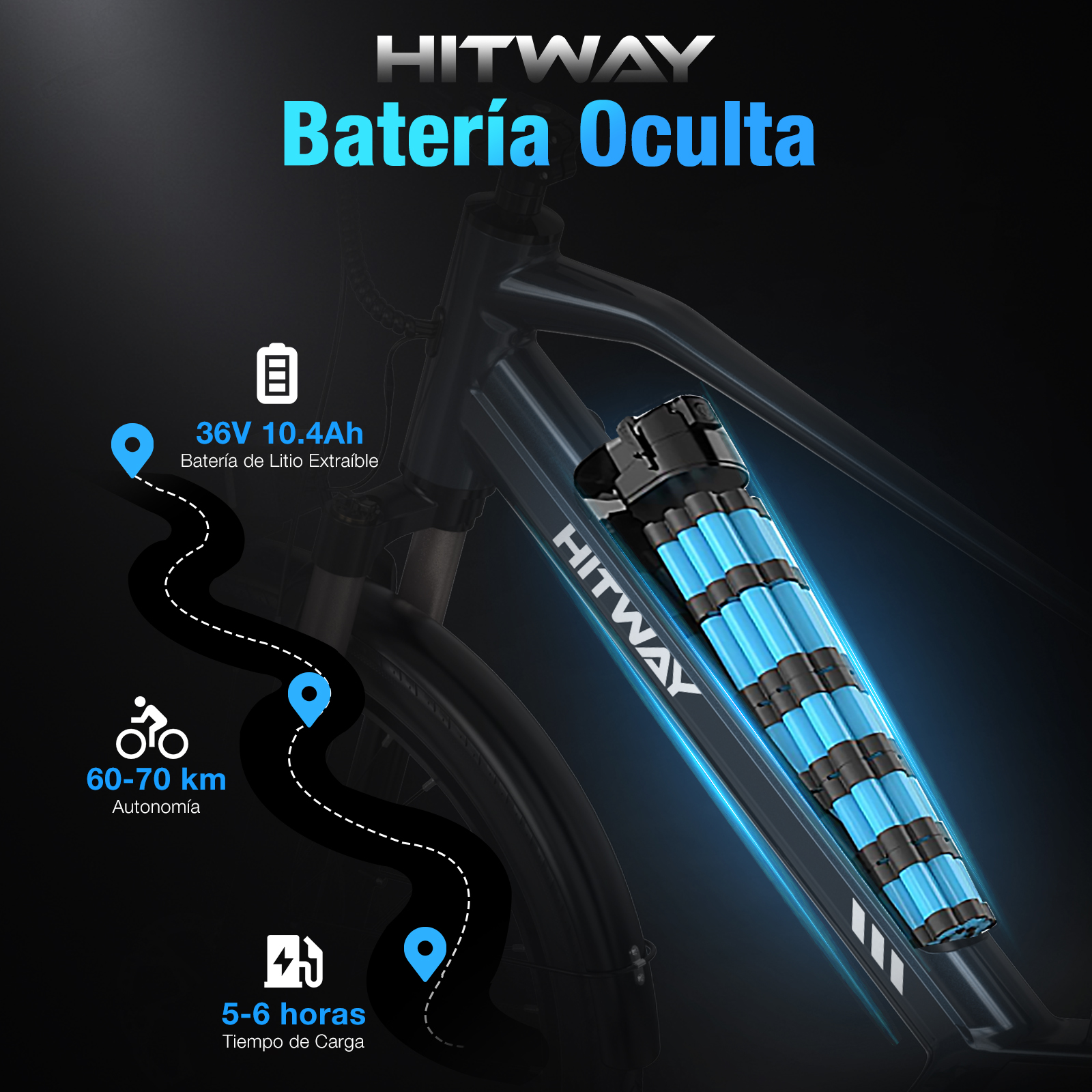 Una bicicleta eléctrica con batería oculta. Muestra especificaciones, autonomía y tiempo de carga en español.