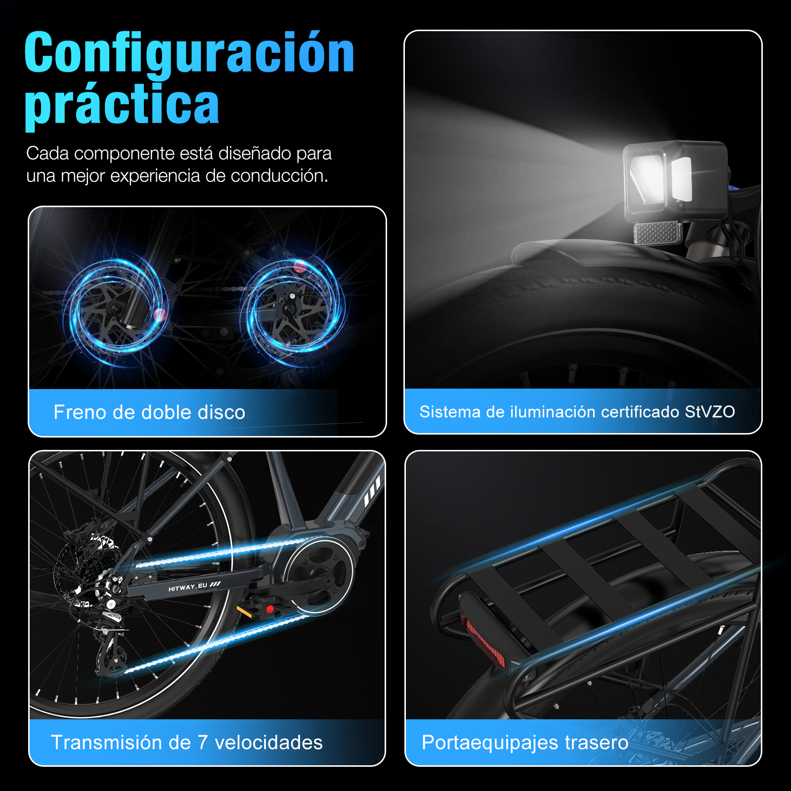 La imagen muestra partes de bicicleta: frenos de disco duales, iluminación StVZO, transmisión de 7 velocidades y portaequipajes.