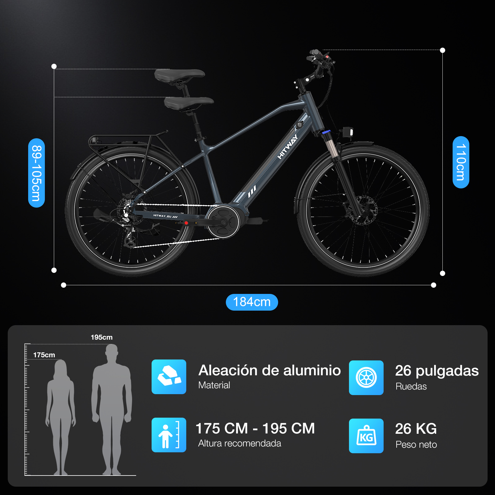 Una e-bike HITWAY gris, con dimensiones, especificaciones y una recomendación de altura. Aleación de aluminio, ruedas de 26 pulgadas, 26 kg de peso.