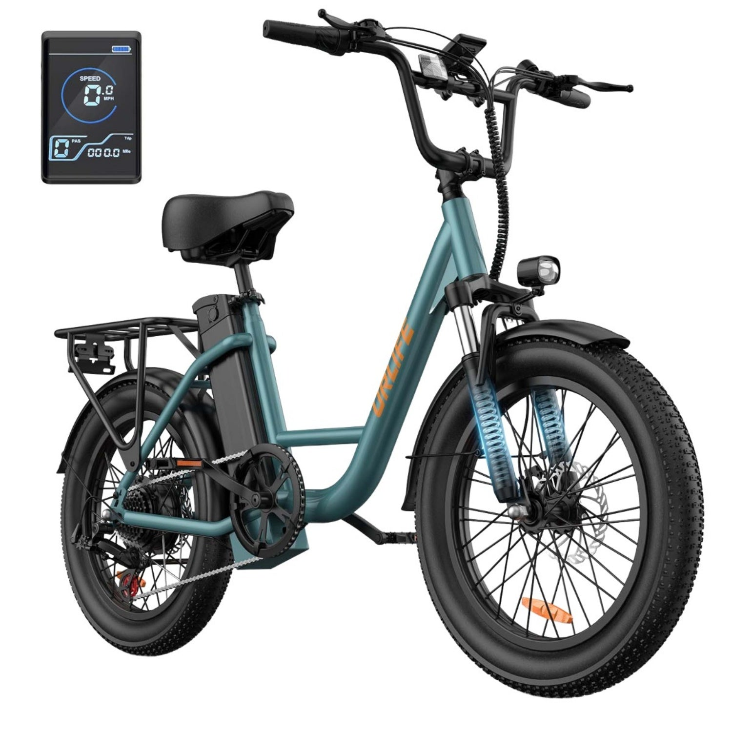 Una bicicleta eléctrica, cuadro verde azulado, neumáticos negros y pantalla digital. La bicicleta está sobre fondo blanco. Muestra velocidad y distancia del viaje.