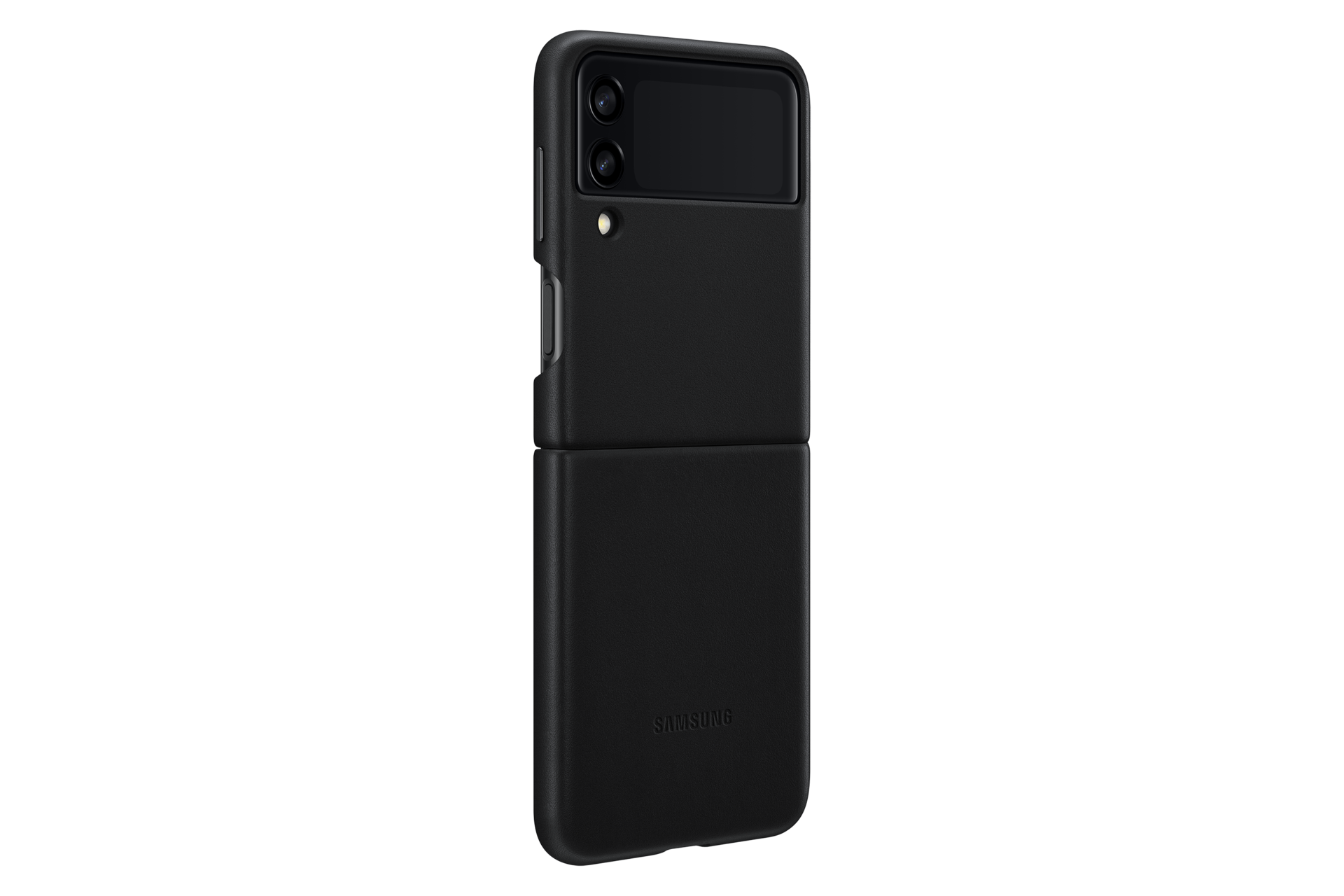 Una funda negra para teléfono Samsung, desplegada. Muestra las lentes de la cámara y el logo de Samsung.