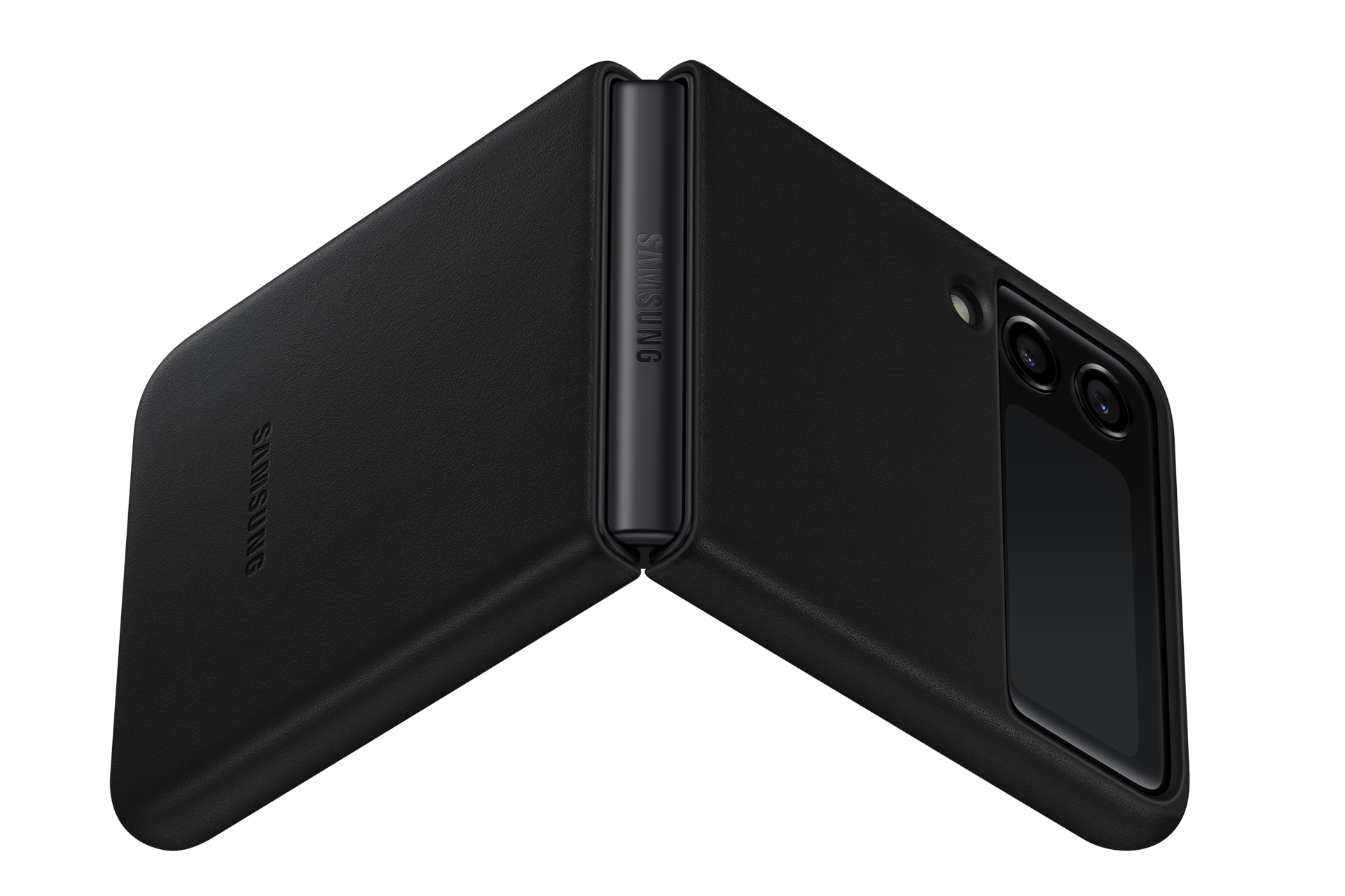 Un teléfono plegable Samsung negro está ligeramente abierto. El teléfono está sobre un fondo negro. El logotipo de Samsung es visible.