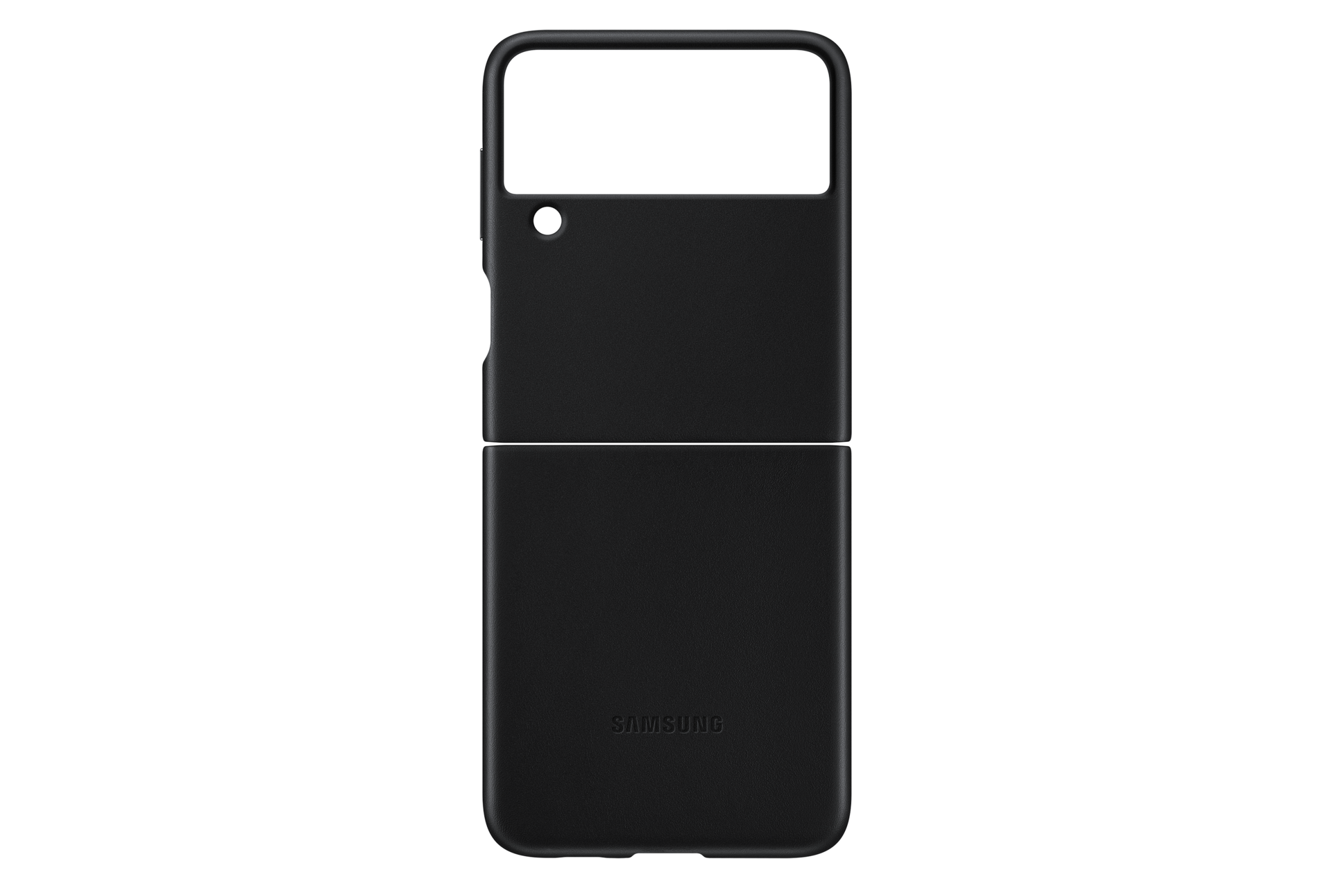 Una funda de teléfono negra, doblada por la mitad. La parte superior tiene un agujero para la cámara y una abertura rectangular.
