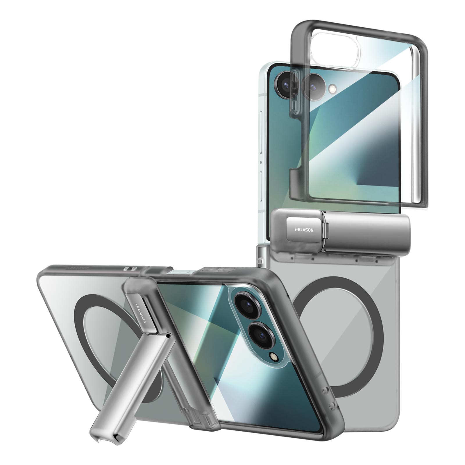 Transparente Handyhüllen mit Ständer. Das Telefon ist durch die Hülle sichtbar. Einige Hüllen sind transparent.