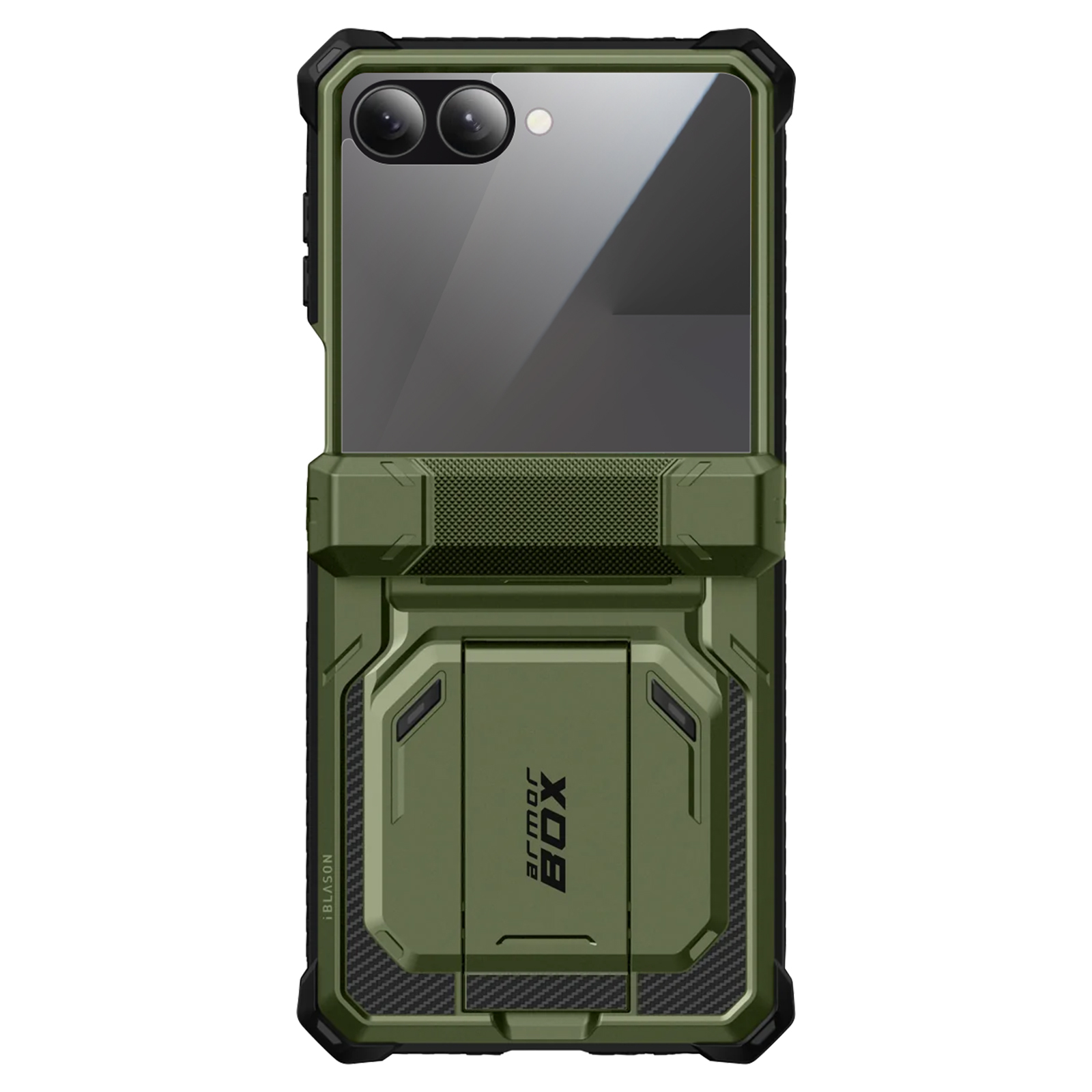 Groene telefoonhoes met zwarte accenten. Beschikt over twee cameralenzen en een standaard. Het merk 'Armor Box' is zichtbaar.