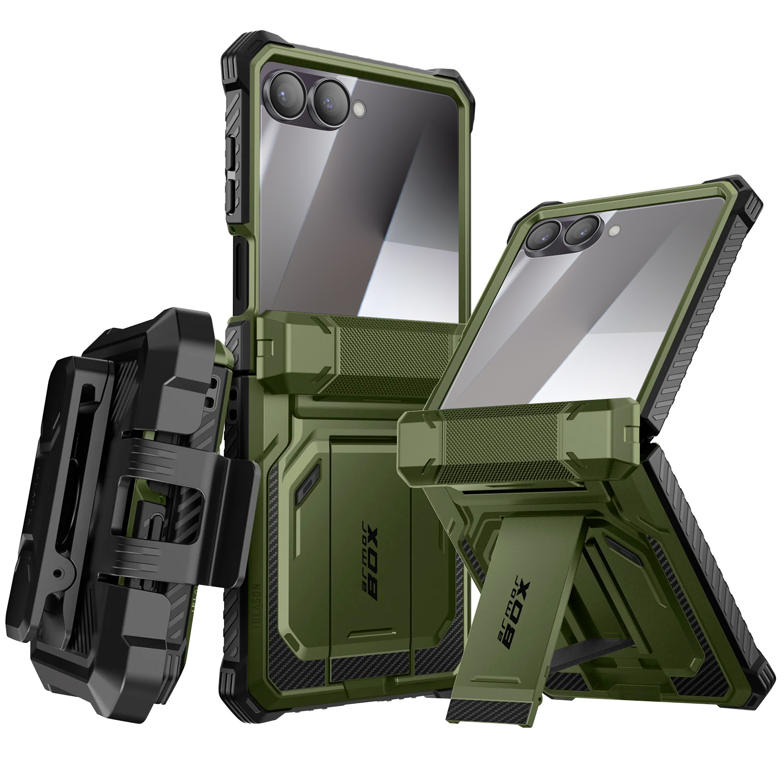 Olijfgroene telefoonhoesjes met zwarte accenten, één met een standaard en een zwarte riemclip. Reflecterend scherm.