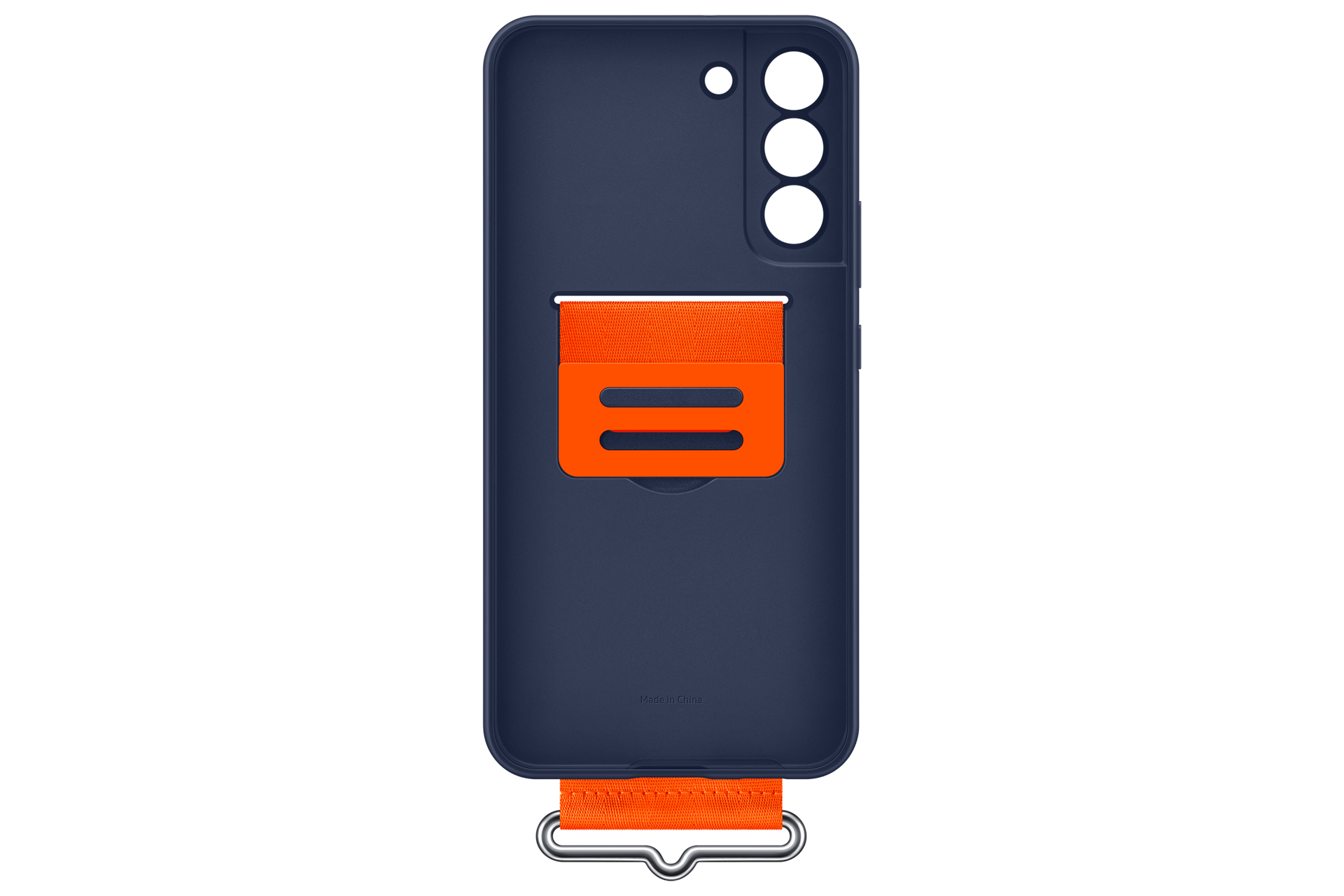 Een marineblauwe telefoonhoes met een oranje band en houder. De hoes heeft drie cameralenzen. De houder heeft twee oranje balken.