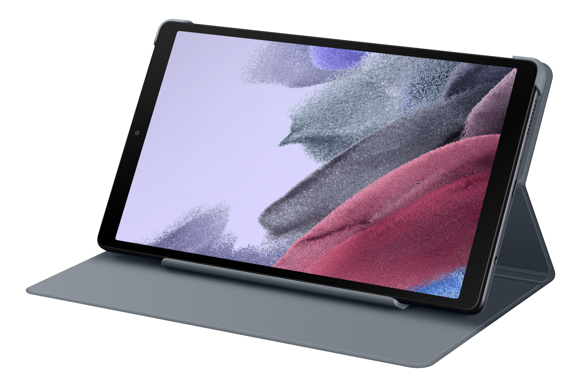 Ein Tablet mit farbigen Formen auf dem Display liegt auf einer grauen Hülle, vor schwarzem Hintergrund. Das Tablet ist leicht geöffnet.