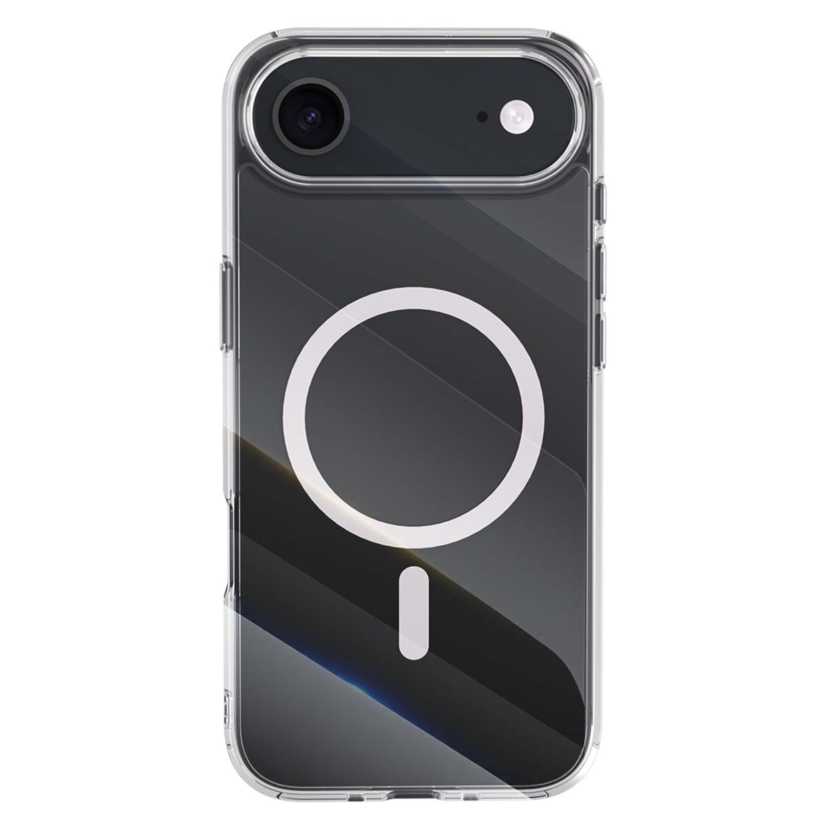 Custodia trasparente per telefono con design circolare bianco e un piccolo rettangolo bianco sotto, fotocamere del telefono visibili in alto.
