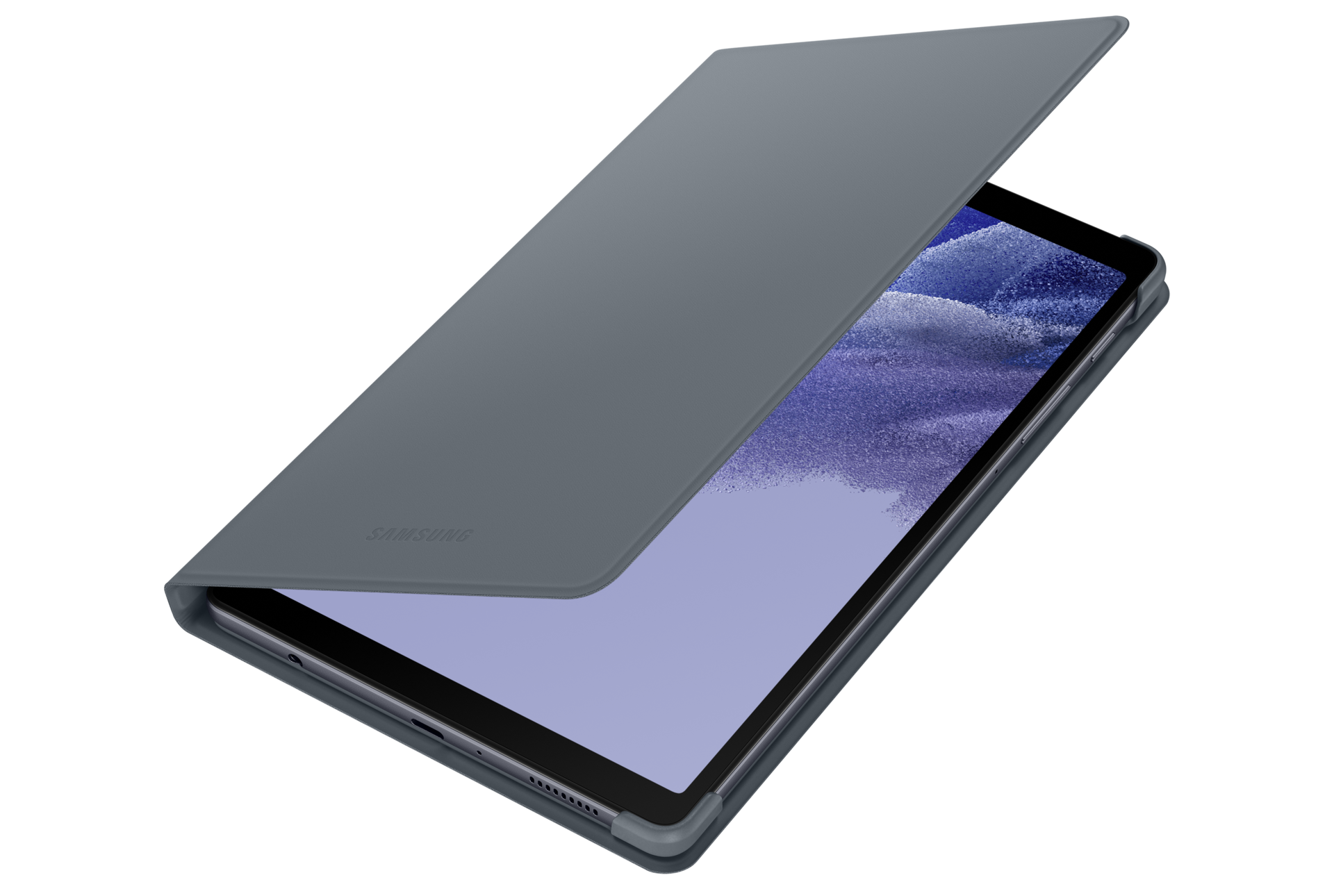 Ein Tablet in einer grauen Hülle ist leicht geöffnet. Der Bildschirm zeigt ein lilafarbenes Muster. Das Samsung-Logo ist sichtbar.