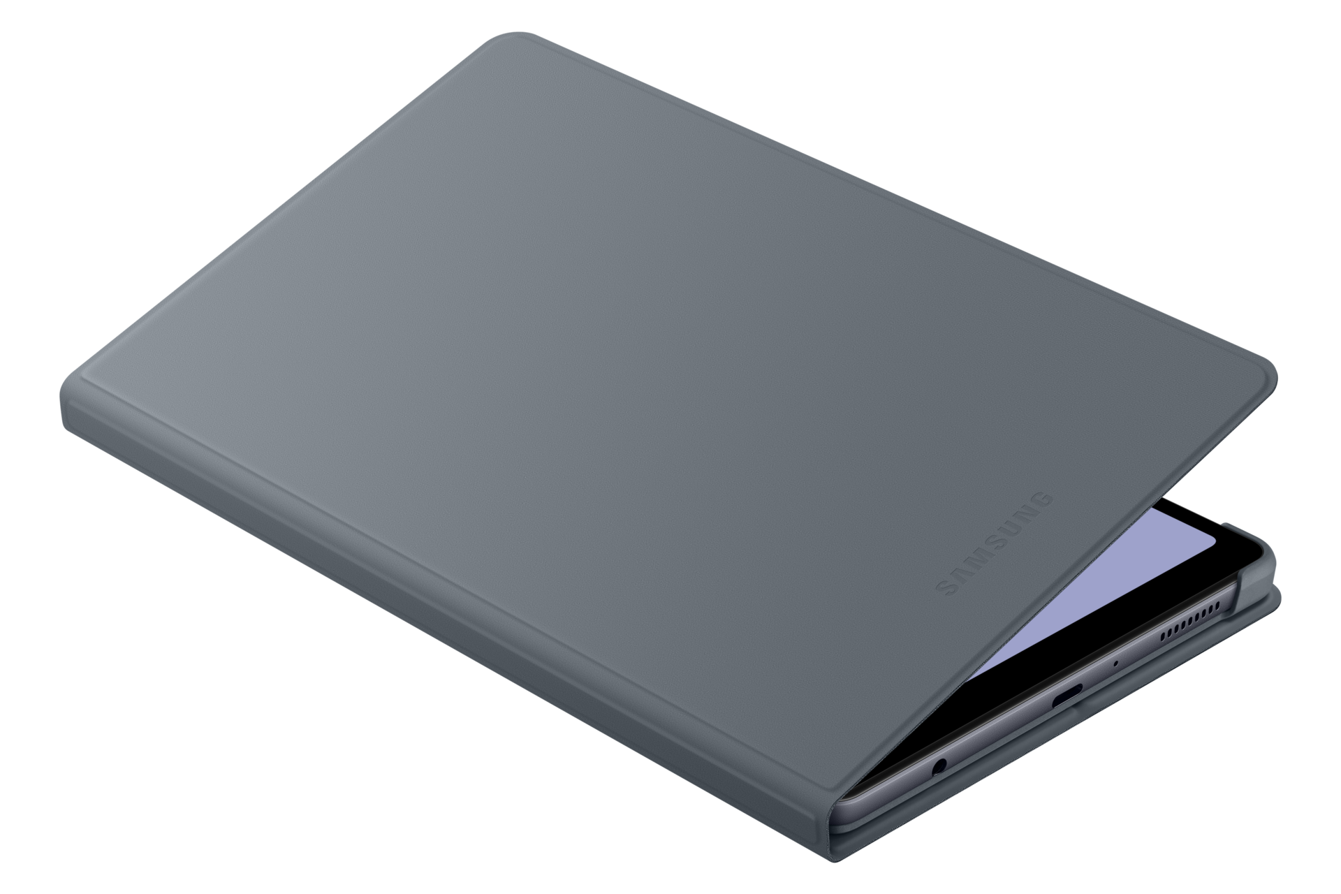 Ein graues Samsung-Tablet in einer grauen Hülle. Die Hülle ist teilweise geöffnet und zeigt den Tablet-Bildschirm und das Samsung-Logo.