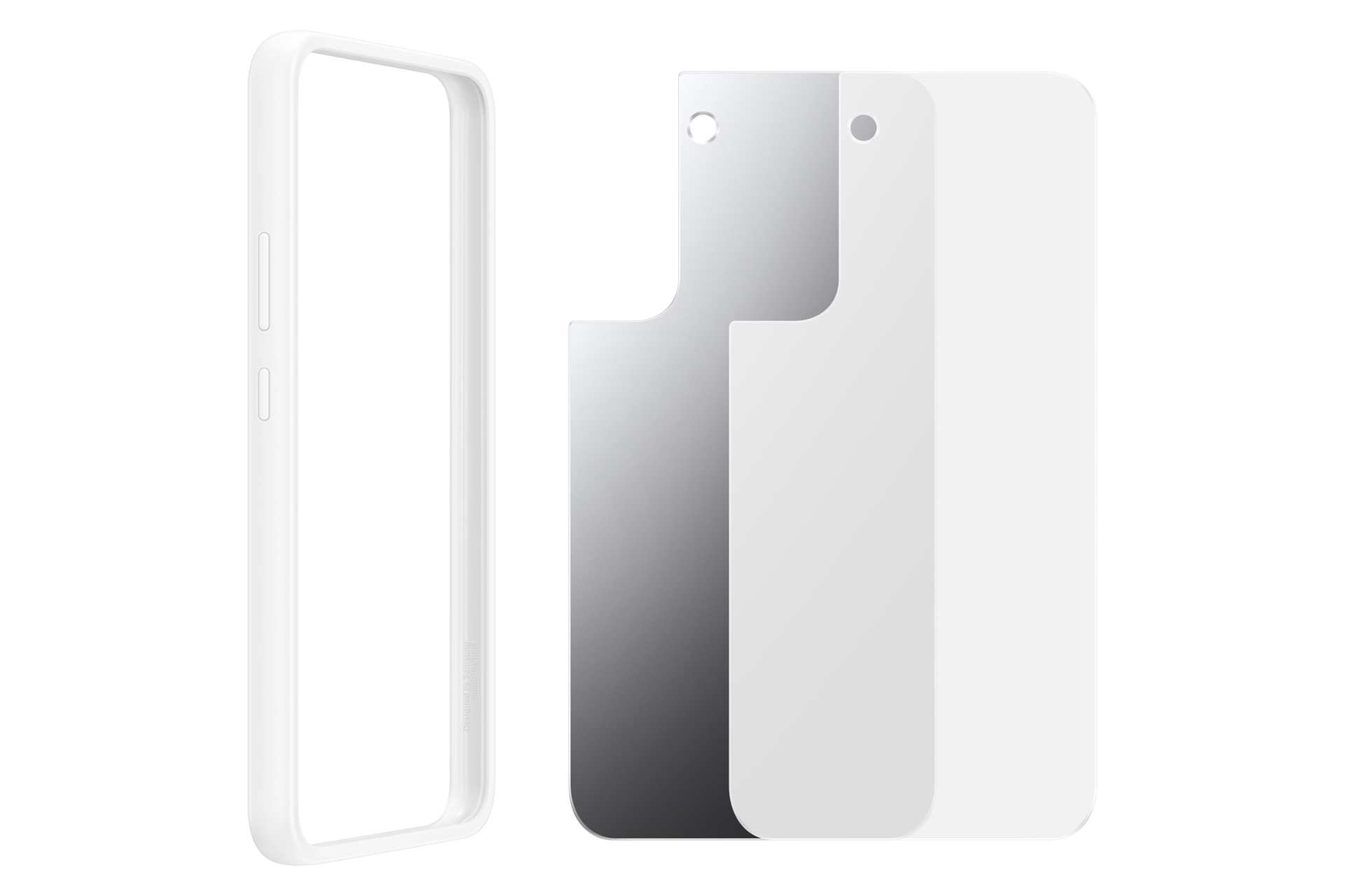 Witte telefoonhoes met drie schermbeschermers. Zwarte achtergrond. De hoes heeft twee knoppen aan de zijkant.
