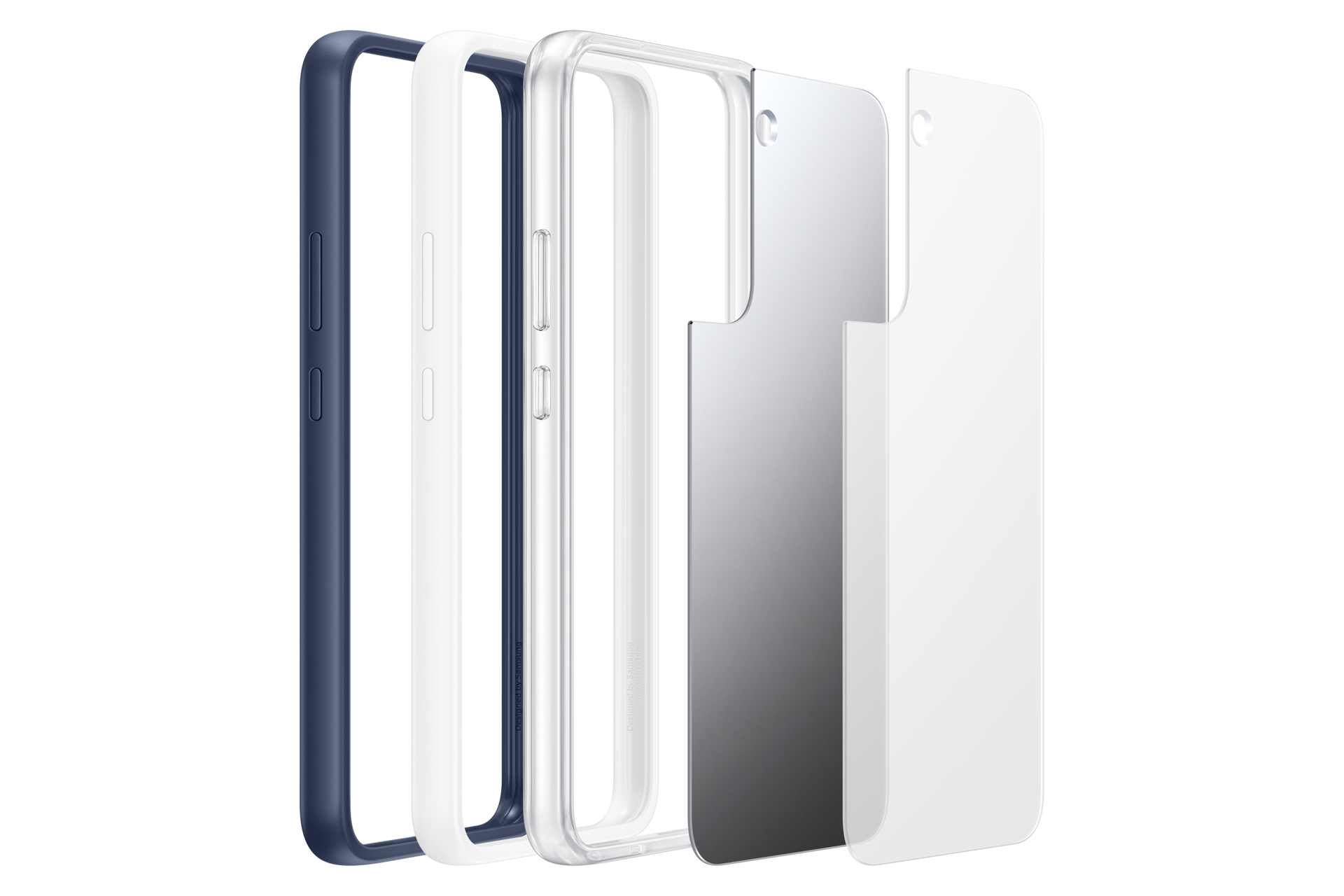 Exploded view van een telefoon met verschillende lagen. Er is een donkerblauwe hoes, een witte hoes en een transparante hoes.