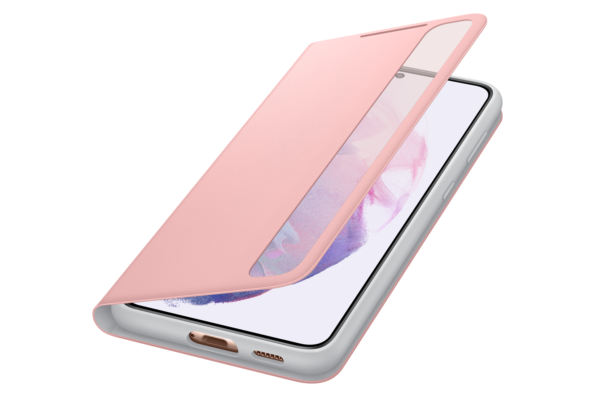 Eine rosa Handyhülle ist geöffnet und zeigt ein weißes Telefon mit Bildschirm. Der Hintergrund ist schwarz.