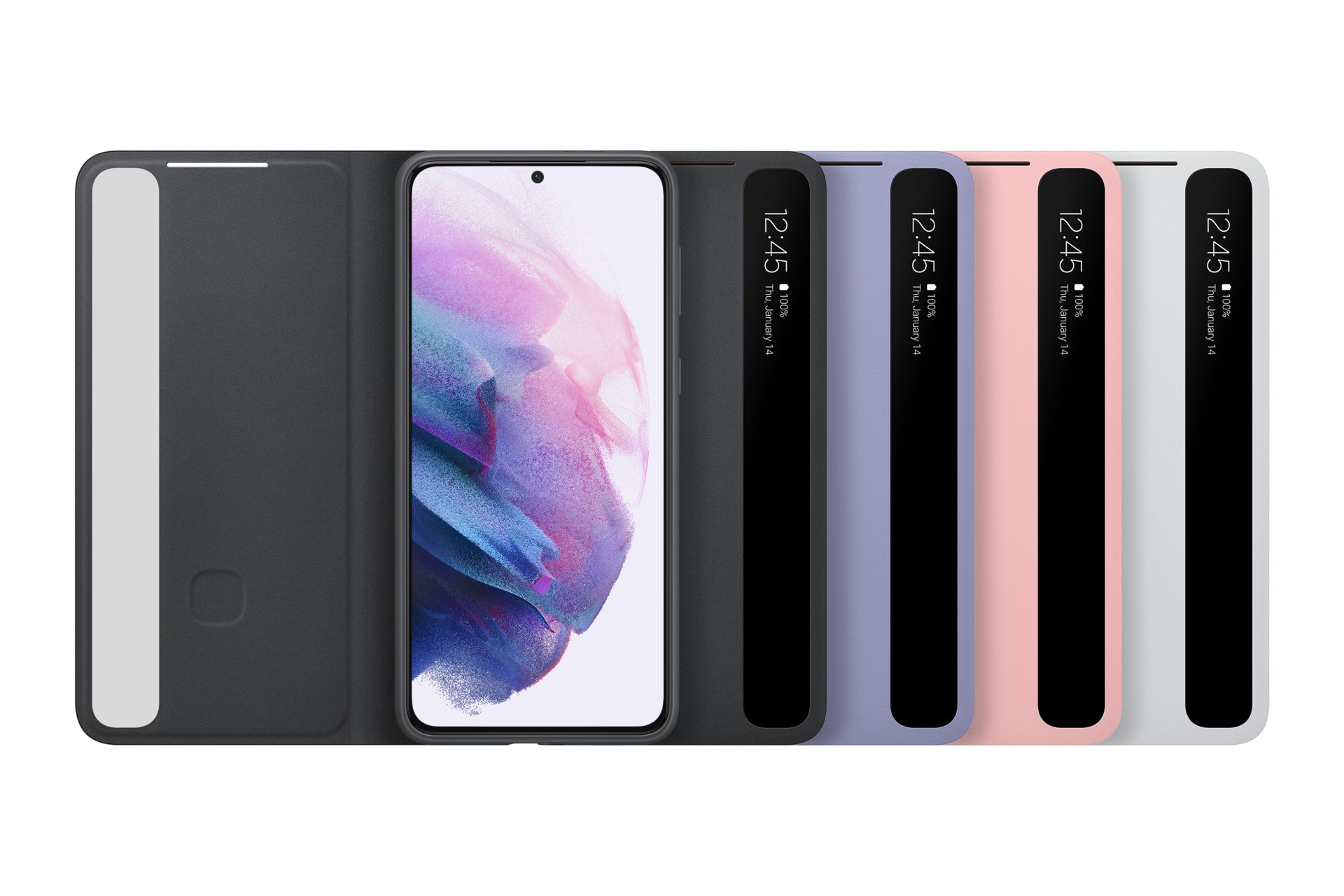 Ein Telefon in einer Hülle wird angezeigt, der Bildschirm ist sichtbar. Mehrere Hüllen in verschiedenen Farben werden gezeigt.