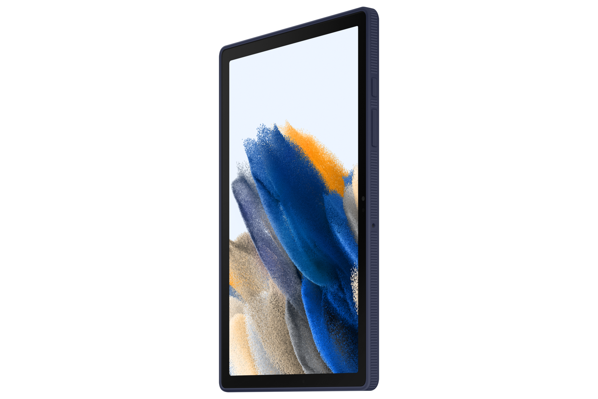 Tableta en una funda azul. La pantalla muestra formas abstractas azules, amarillas y grises sobre un fondo blanco.