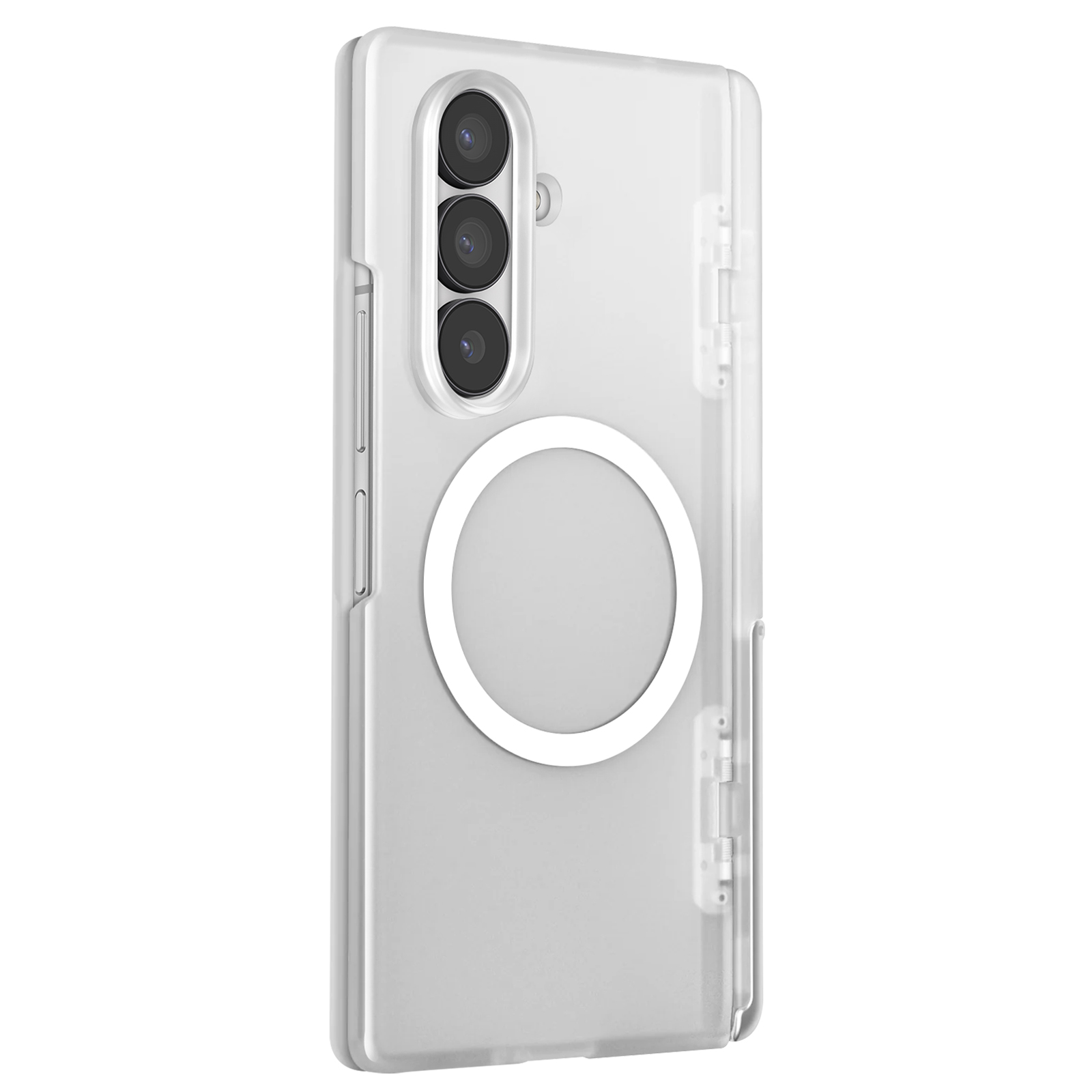 Custodia trasparente per telefono con tre obiettivi, un cerchio bianco e una cerniera laterale. Sfondo bianco.