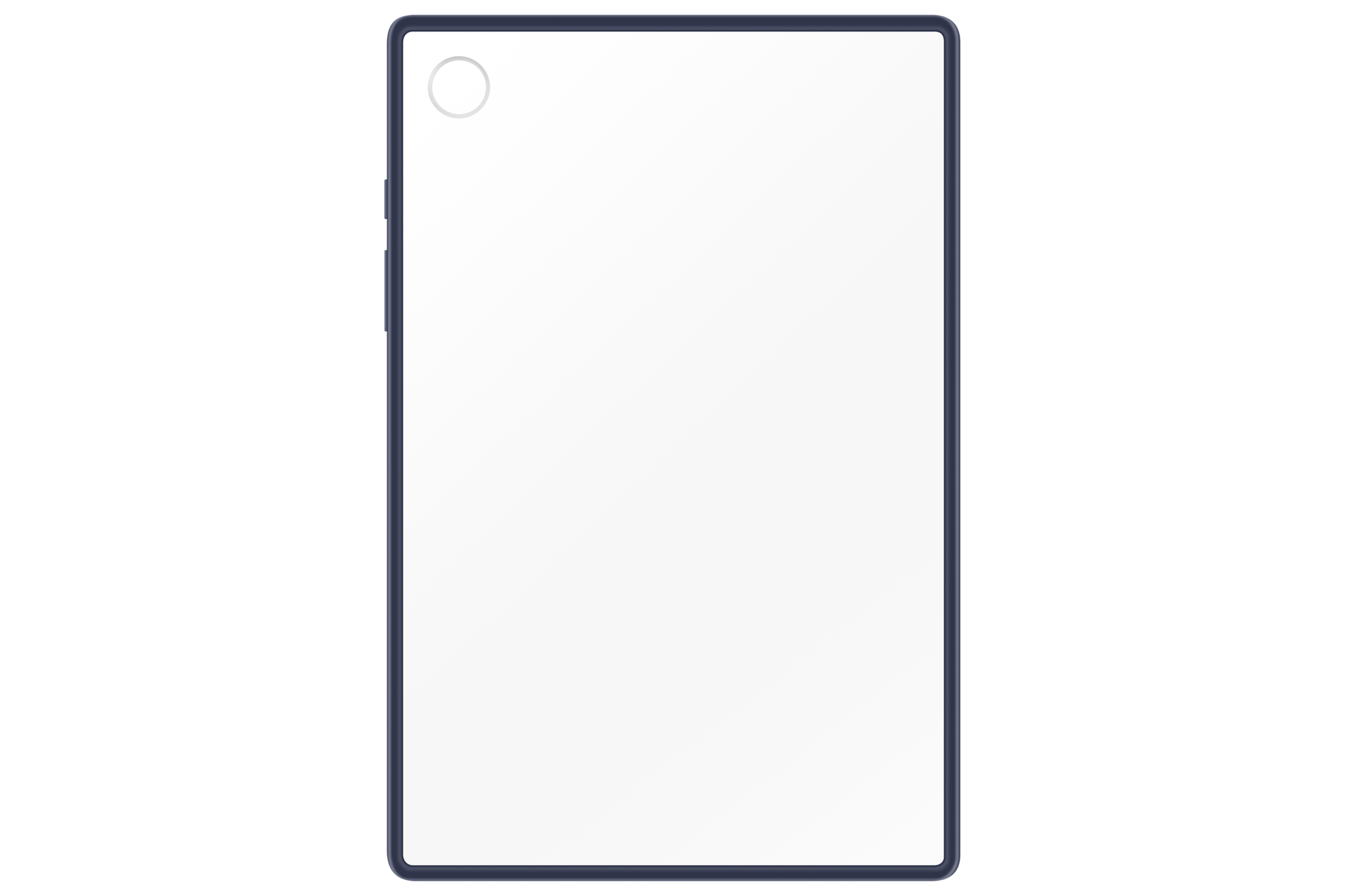 Una tableta con pantalla blanca y marco azul oscuro. Un círculo en la parte superior izquierda. El fondo es negro.