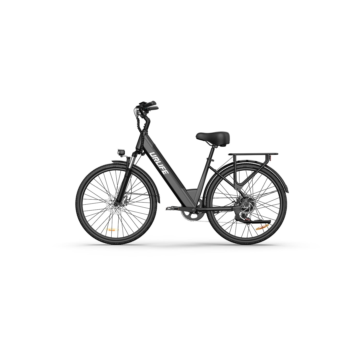 Ein schwarzes Elektrofahrrad auf weißem Hintergrund. Es hat einen Sitz, Lenker, Räder und einen Gepäckträger. Der Markenname 'URLIFE' ist sichtbar.