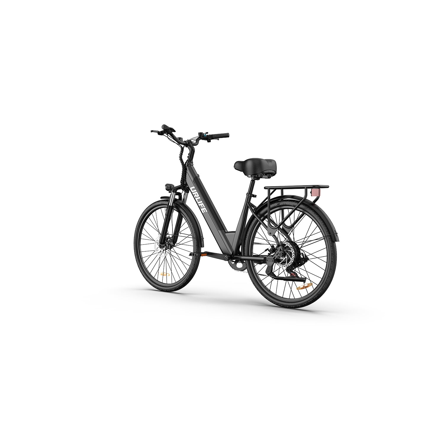 Ein schwarzes Elektrofahrrad auf weißem Hintergrund. Es hat einen Sattel, einen Lenker, einen Heckträger und zwei Räder.