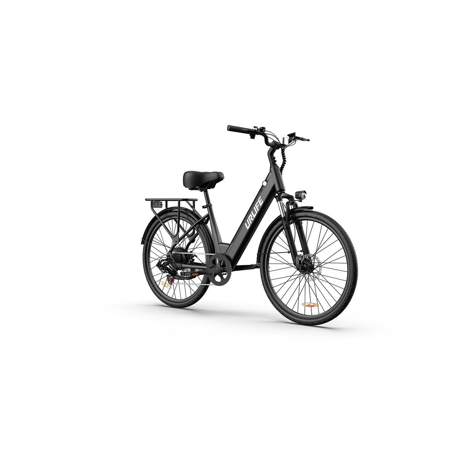 Ein schwarzes Elektrofahrrad der Marke URLIFE auf weißem Hintergrund. Es hat einen Gepäckträger, einen Sitz und ein Licht.