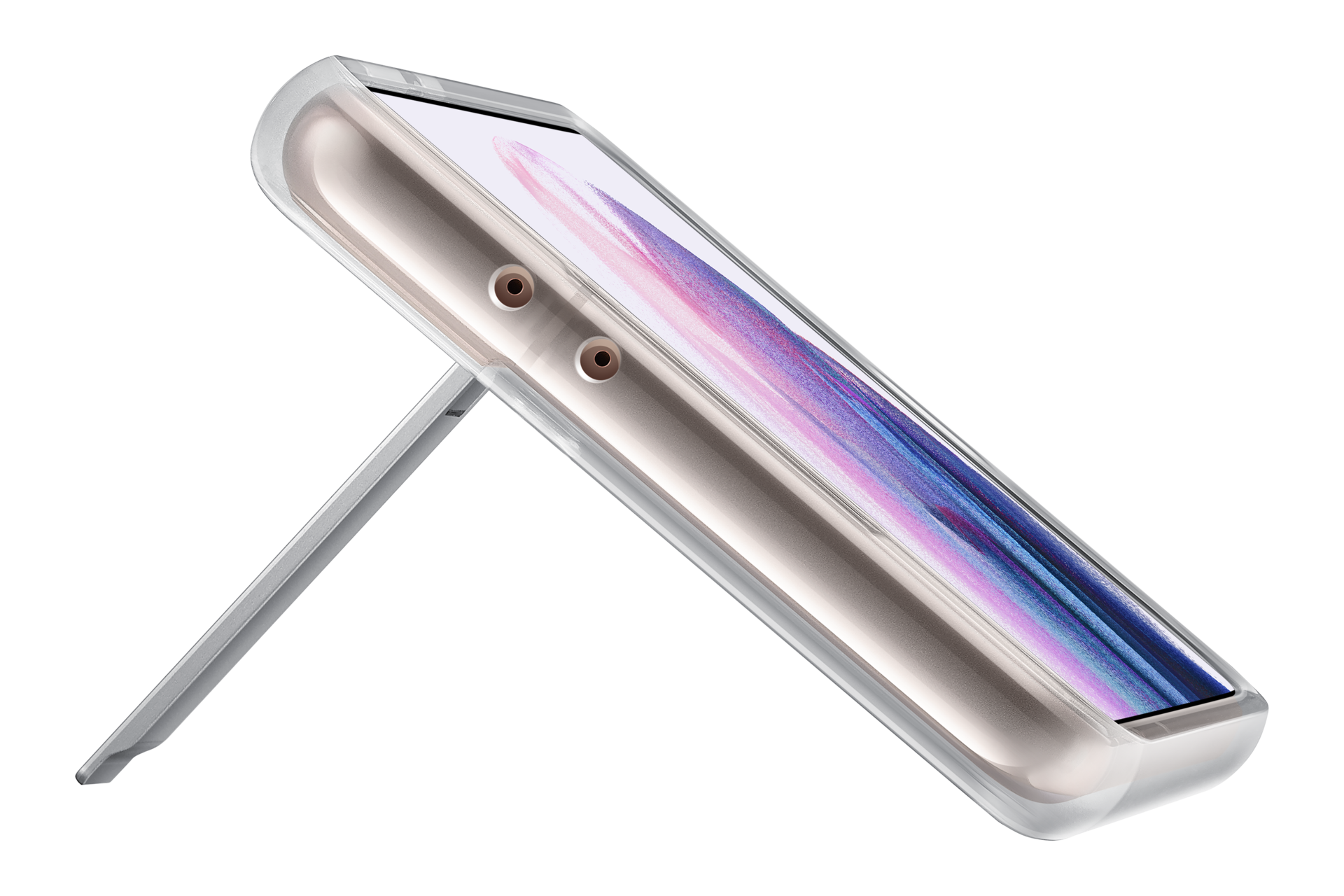 Smartfon w przezroczystym etui jest podparty przez stojak. Ekran wyświetla kolorową sztukę abstrakcyjną. Czarne tło.