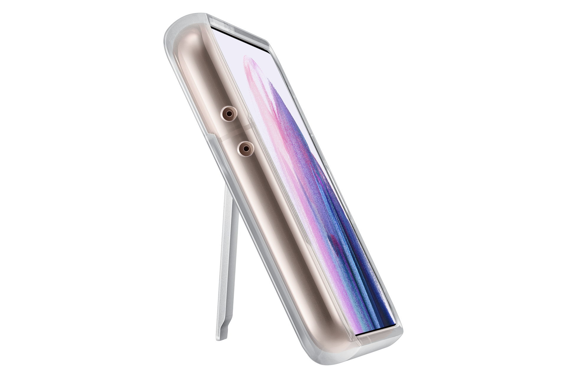 Telefon w przezroczystym etui jest podparty. Telefon ma kolorowy ekran i złoty korpus.