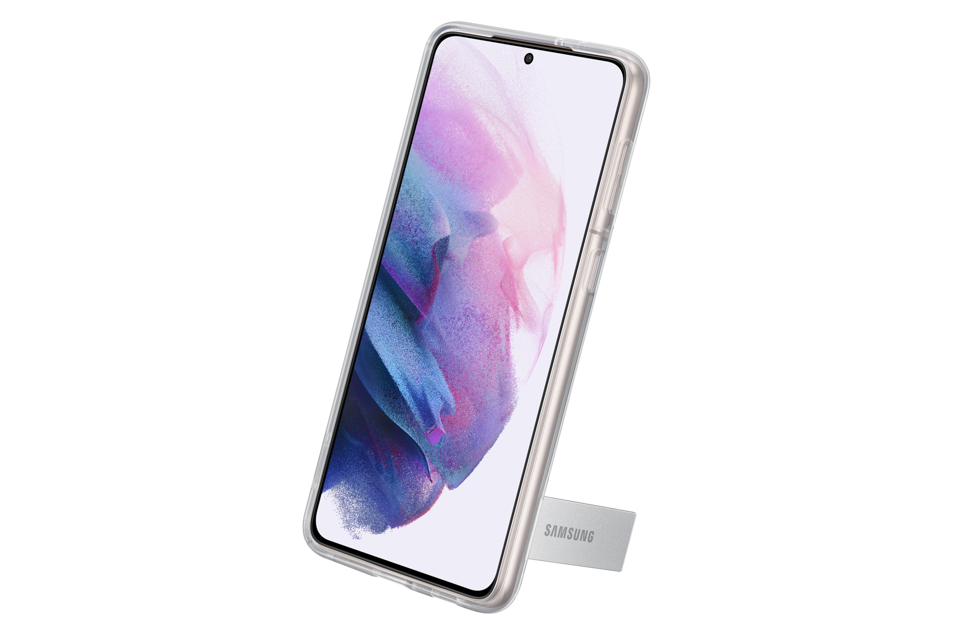 Telefon Samsung w przezroczystym etui, podparty przez stojak. Ekran wyświetla kolorowy obraz. Tło jest czarne.