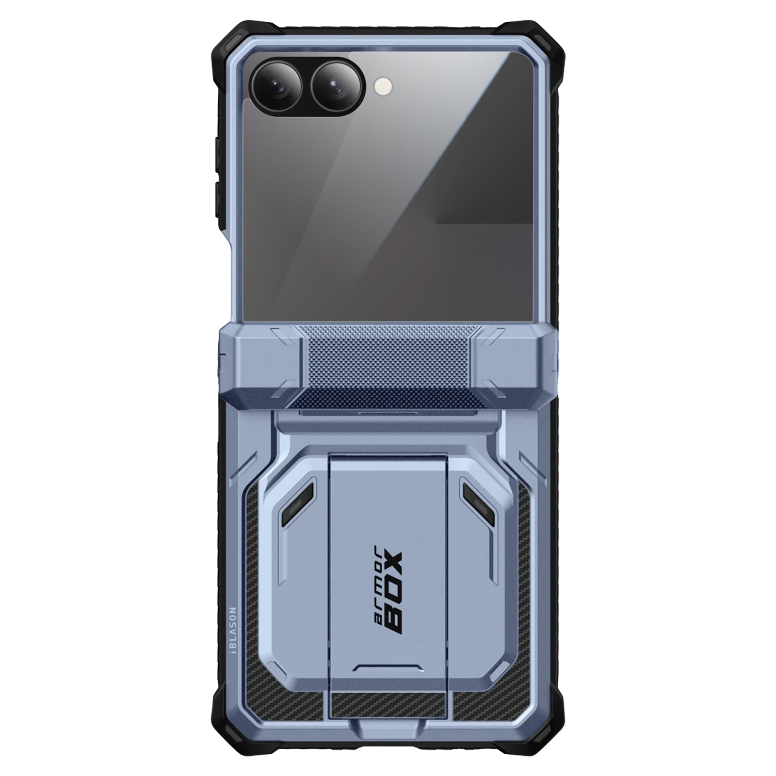Een blauwe telefoonhoes met een standaard. Het heeft een zwarte rand en een gestructureerd ontwerp.