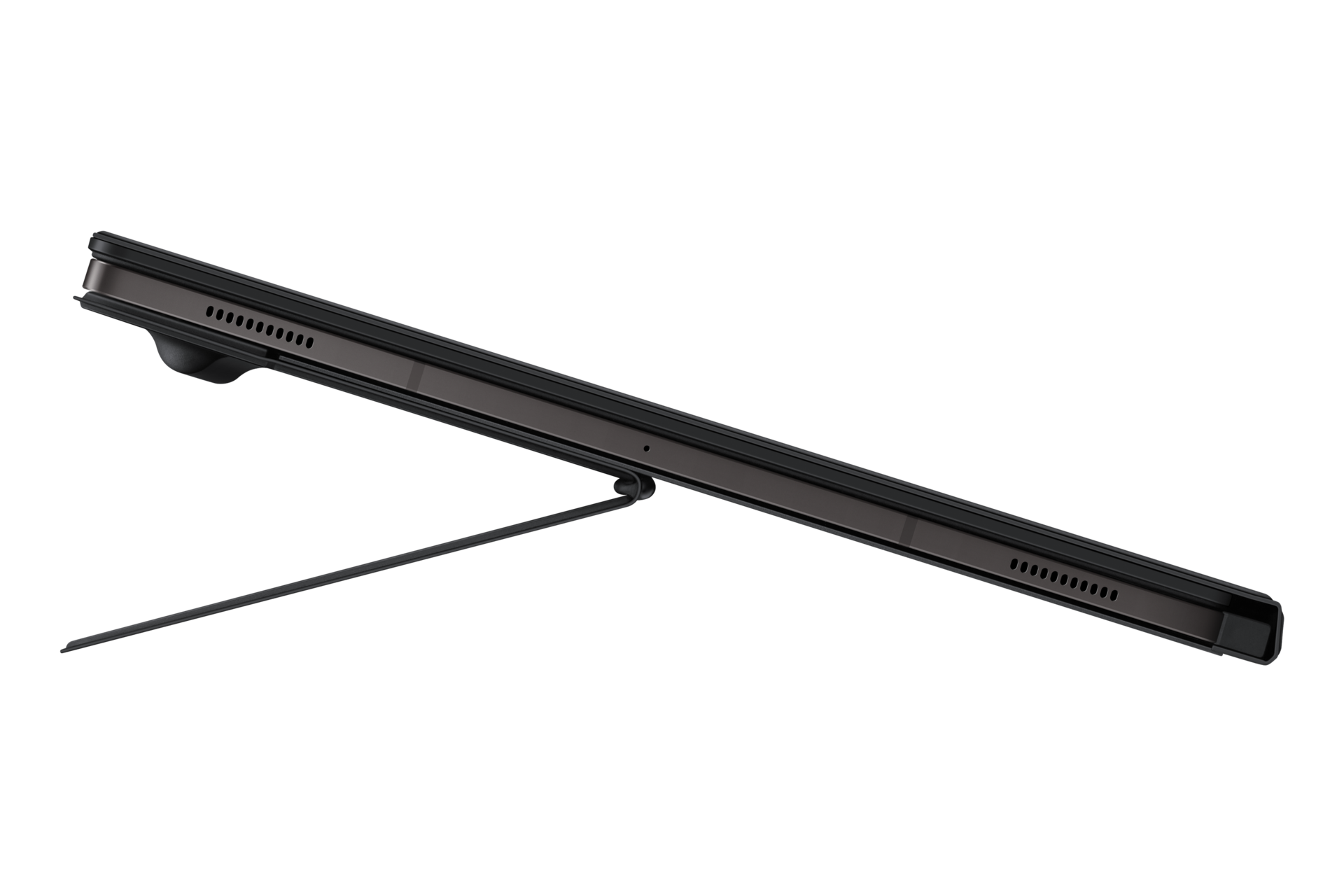 Ein dunkles Tablet mit Ständer ist angewinkelt. Das Tablet hat Lautsprecherlöcher und eine Frontkamera vor schwarzem Hintergrund.