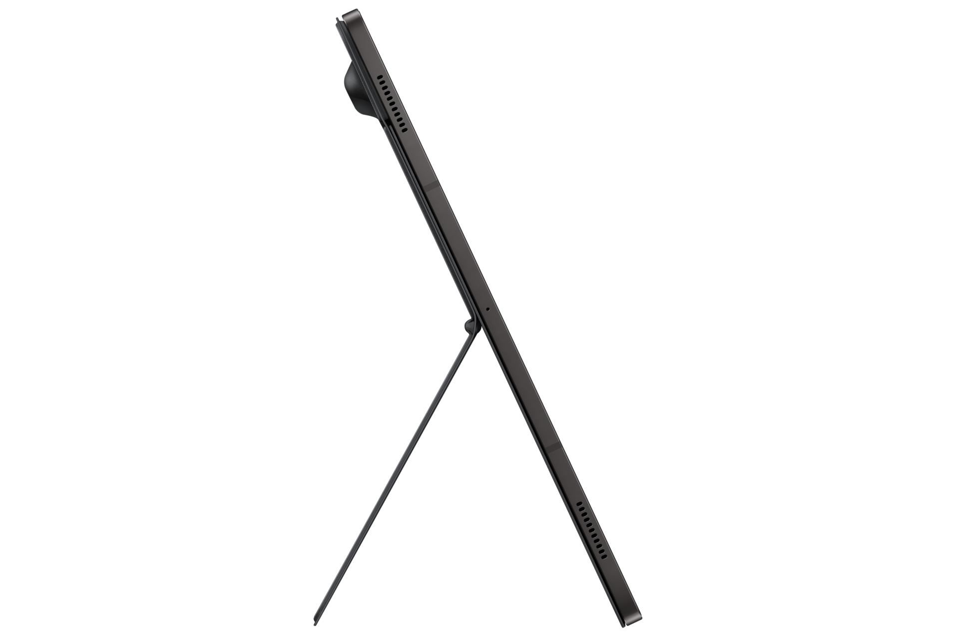 Ein dunkles Tablet wird von einem Ständer hochgehalten. Das Tablet ist leicht abgewinkelt. Es ist vor schwarzem Hintergrund.