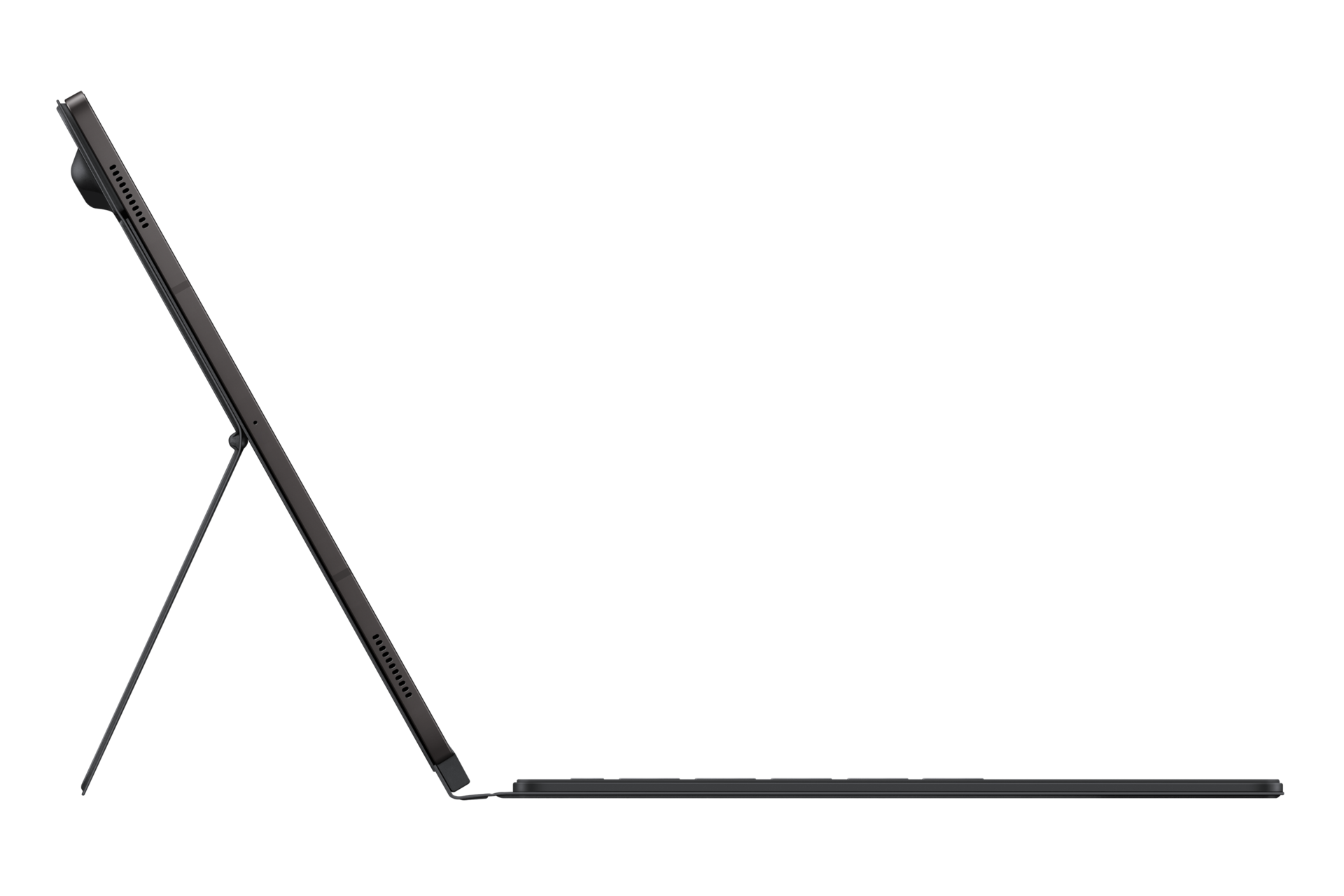 Ein Tablet mit Tastaturhülle und Ständer wird auf schwarzem Hintergrund von der Seite gezeigt. Das Tablet ist dunkelgrau.