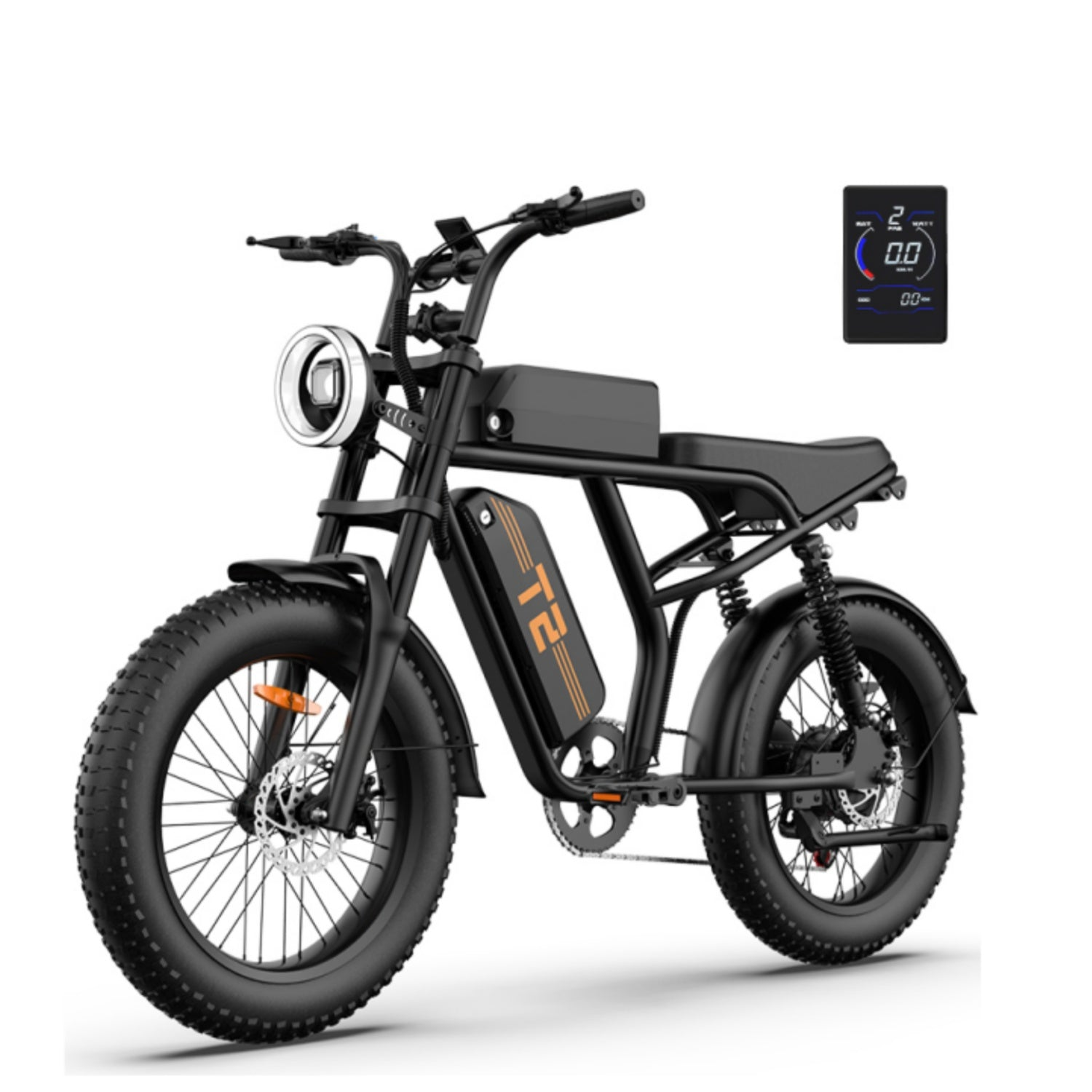 Schwarzes Elektrofahrrad. Verfügt über einen runden Scheinwerfer, dicke Reifen und ein digitales Display.
