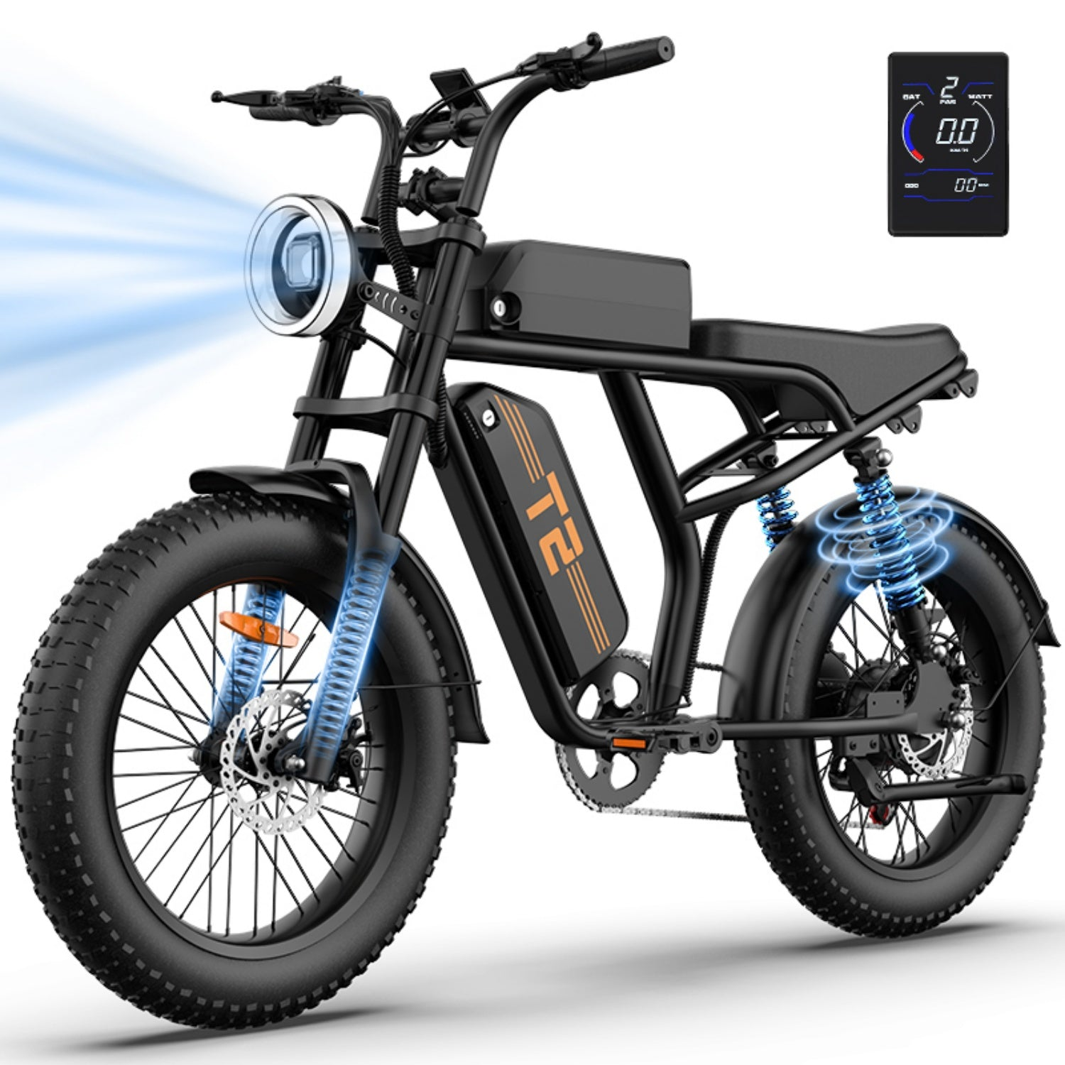Schwarzes Elektrofahrrad. Zu den Merkmalen gehören ein Scheinwerfer, ein digitales Display und breite Reifen. Das Fahrrad hat blaue Federn.