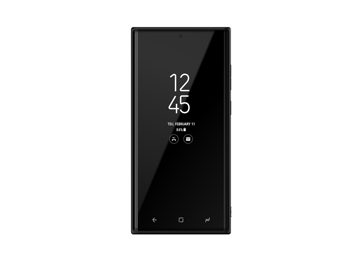 Ein schwarzes Smartphone mit der Uhrzeit 12:45, Datum, Akkustand und Symbolen. Der Hintergrund ist weiß.