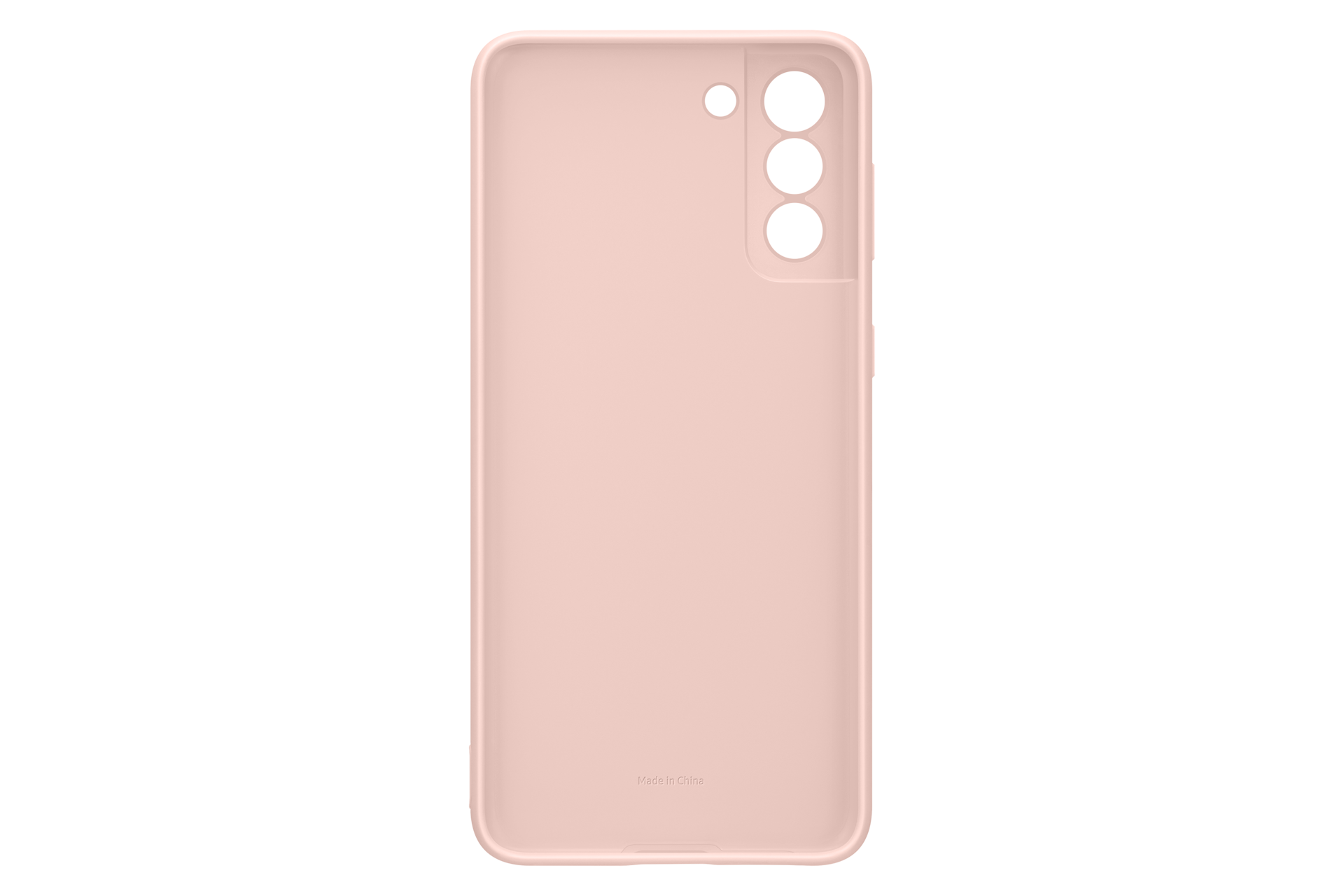 Eine hellrosa Handyhülle für ein Samsung-Handy. Sie hat Kameraausschnitte und eine glatte Oberfläche. "Made in China" steht unten.