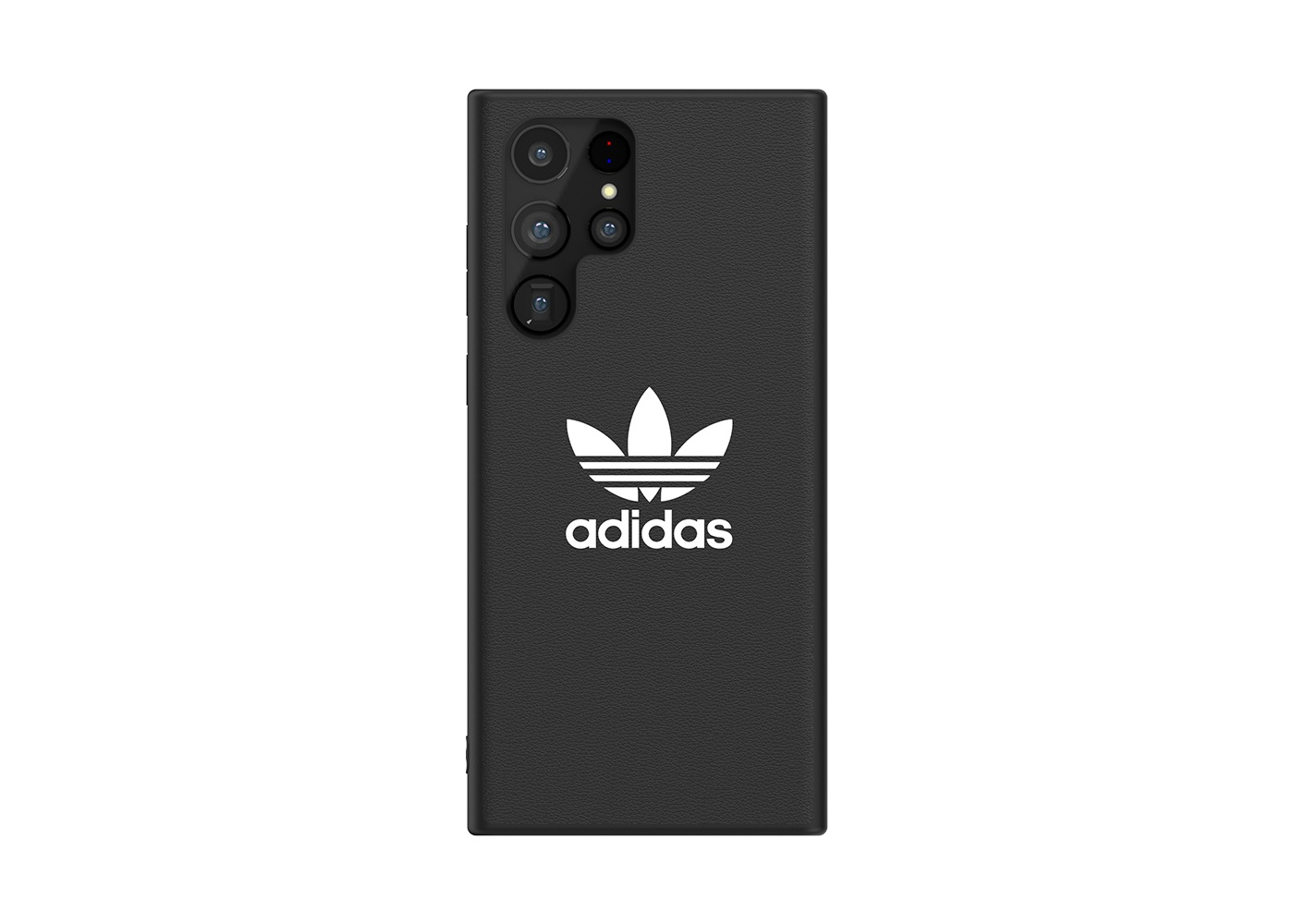 Eine schwarze Handyhülle mit dem Adidas-Logo. Sie hat mehrere Kameralinsen und einen weißen Hintergrund.