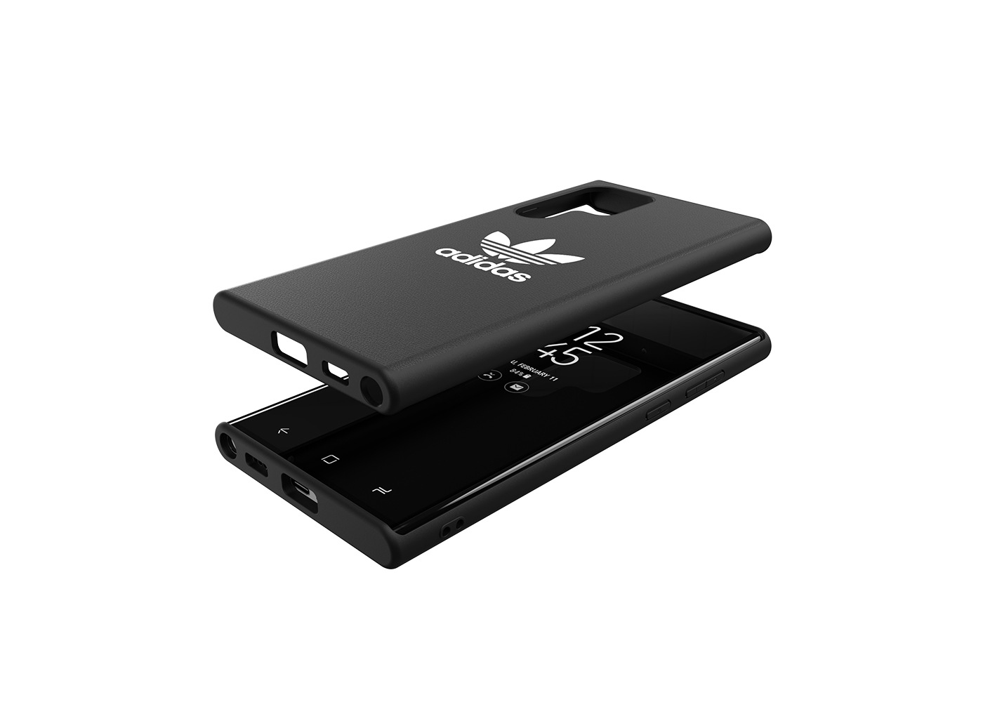 Ein schwarzes Telefon mit einer schwarzen Adidas-Hülle. Der Bildschirm zeigt die Uhrzeit an. Auf der Hülle ist das Adidas-Logo.