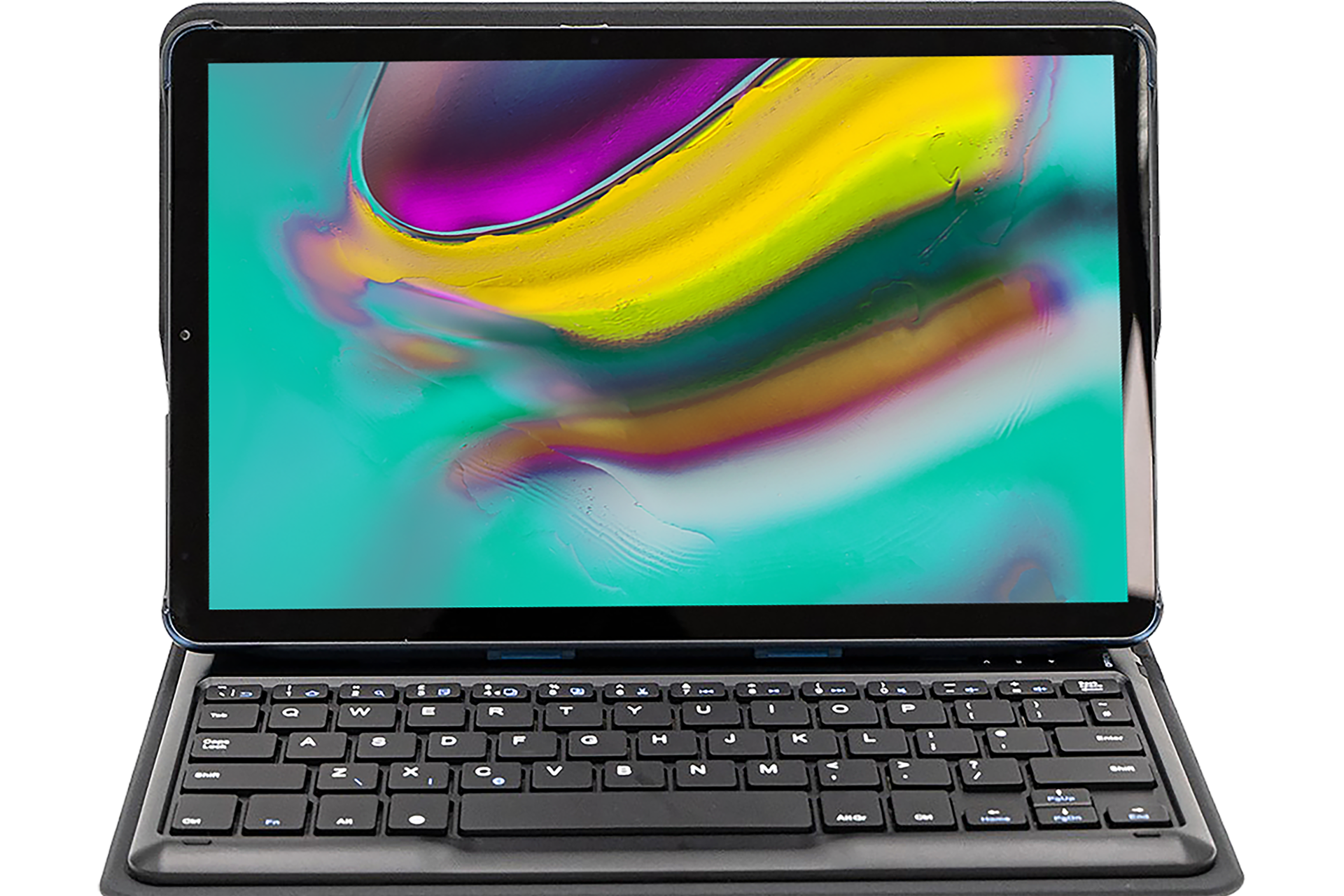 Ein Tablet mit angeschlossener Tastatur. Der Bildschirm zeigt ein buntes abstraktes Bild. Die Tastatur ist schwarz.