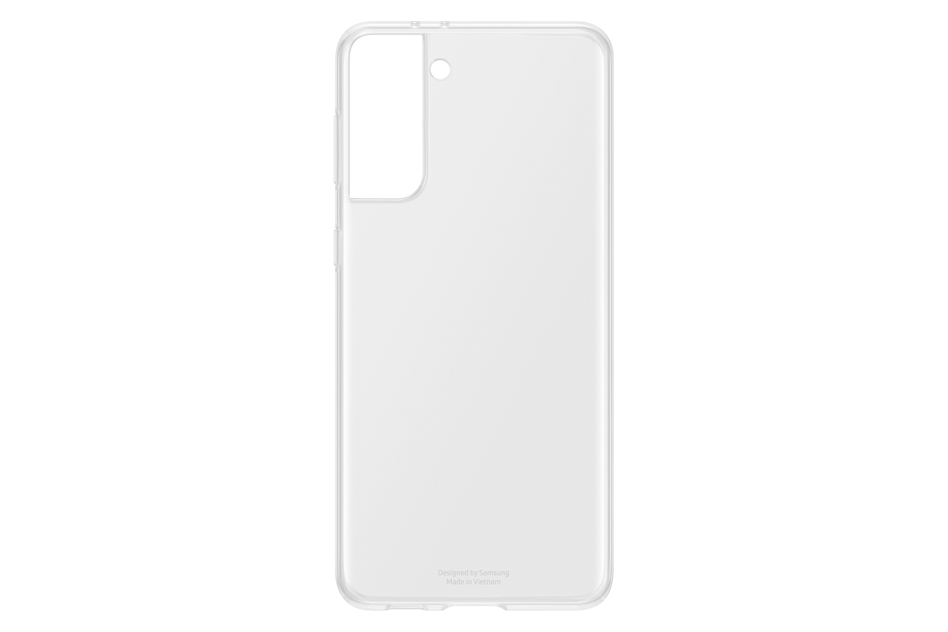 Una funda transparente para teléfono. Tiene recortes para cámara y botones. La parte inferior tiene el texto: Designed by Samsung, Made in Vietnam.