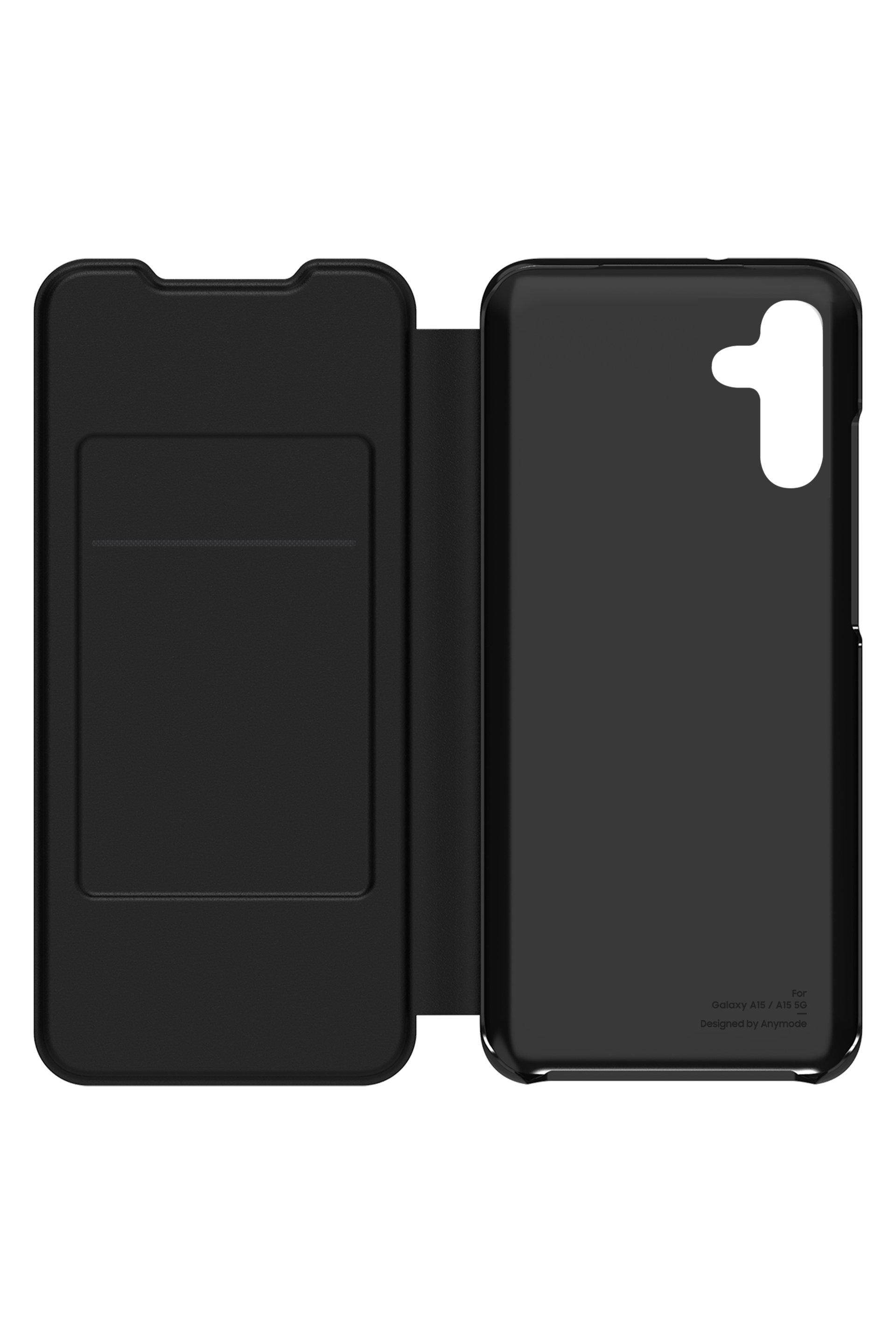 Custodia per telefono nera, aperta. Mostra uno slot per schede e un supporto per telefono. Stampato: 'For Galaxy A15/A15 5G'.
