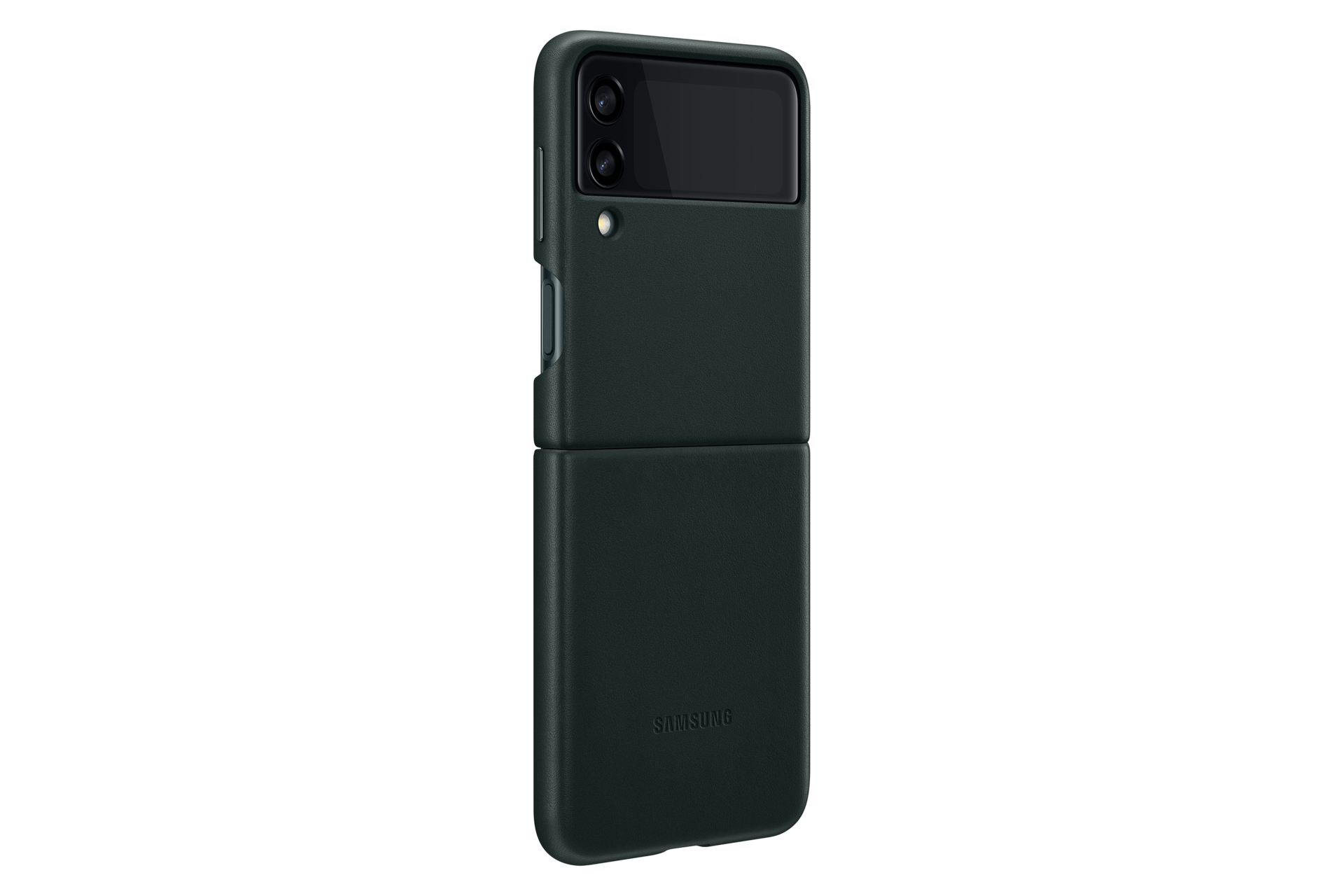 Un teléfono Samsung verde oscuro en una funda a juego se muestra sobre un fondo negro. El teléfono está plegado.