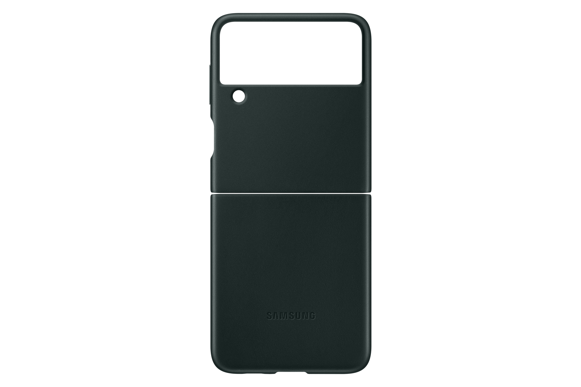 Funda de teléfono verde oscuro, en dos partes conectadas, con agujero para cámara y logo Samsung abajo, sobre fondo negro.