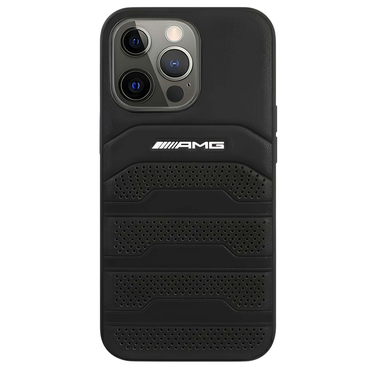 Custodia per telefono nera con logo AMG. Presenta ritagli per la fotocamera, design perforato e pannelli di presa strutturati.