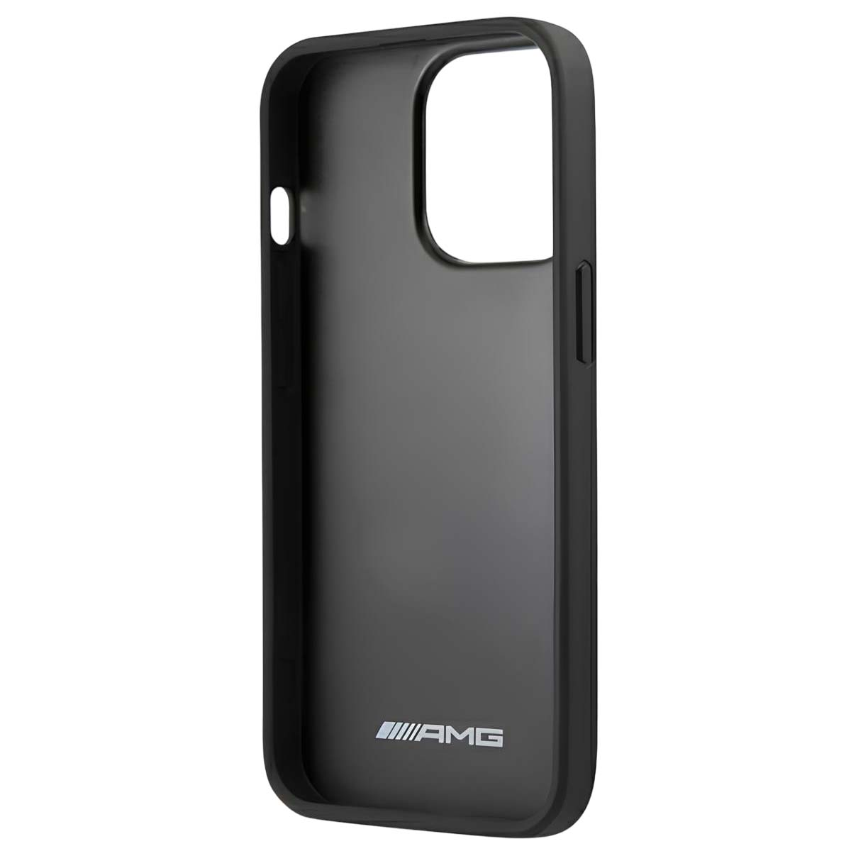 Una custodia nera per telefono con un ritaglio per la fotocamera e il logo AMG in basso. La custodia è angolata e lo sfondo è bianco.