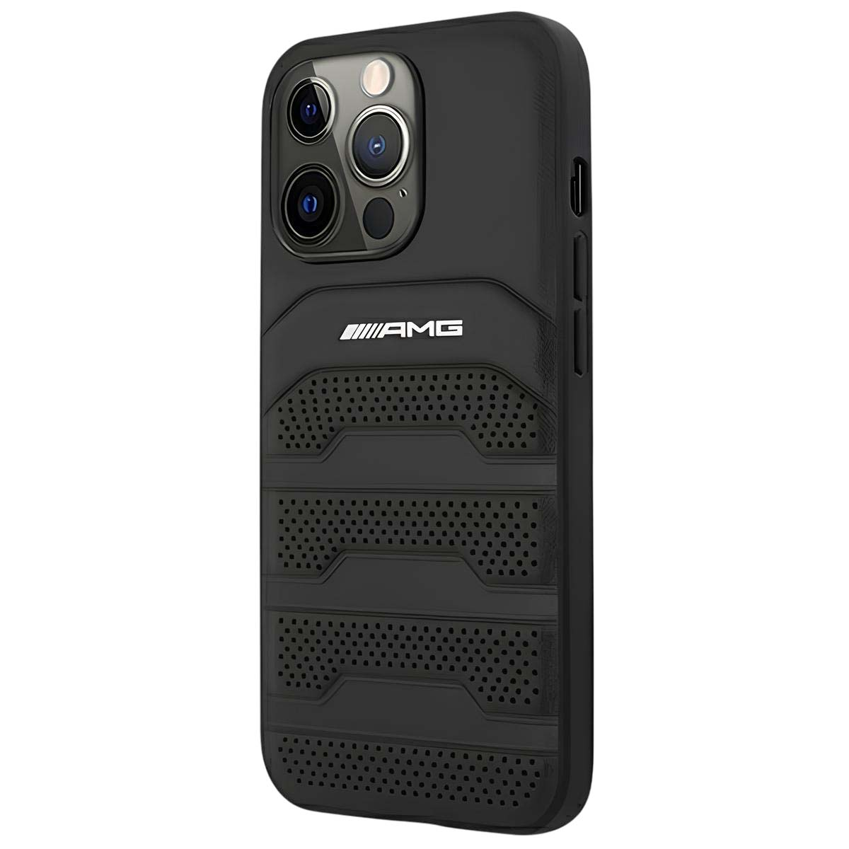 Una custodia nera per telefono con logo AMG. Ha un design strutturato con fori e linee orizzontali.